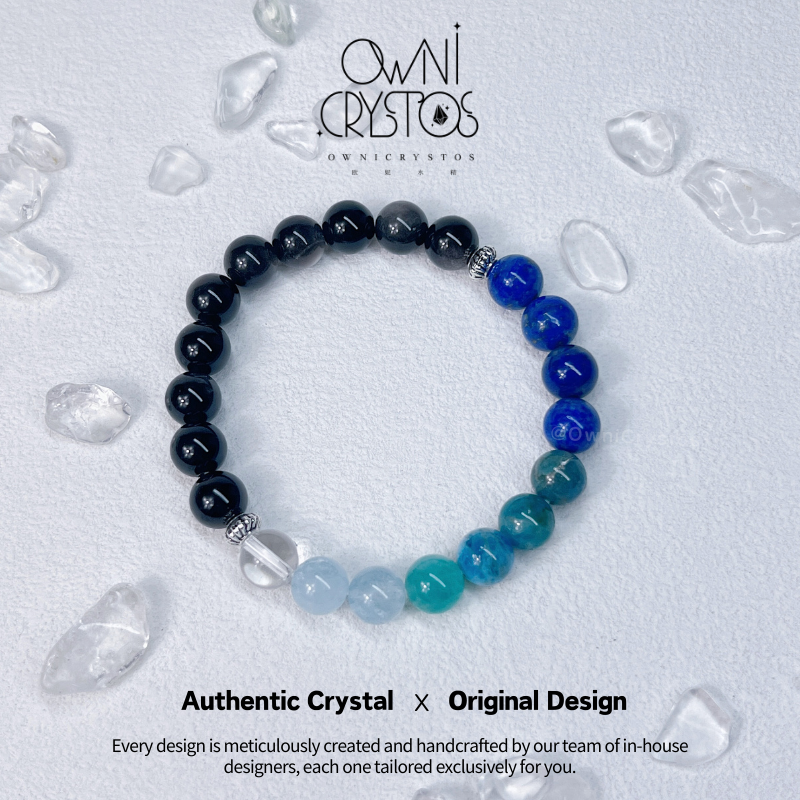 Protection Wisdom Gradient obsidian aquamarine lapis lazuli natural crystal bracelet unisex
