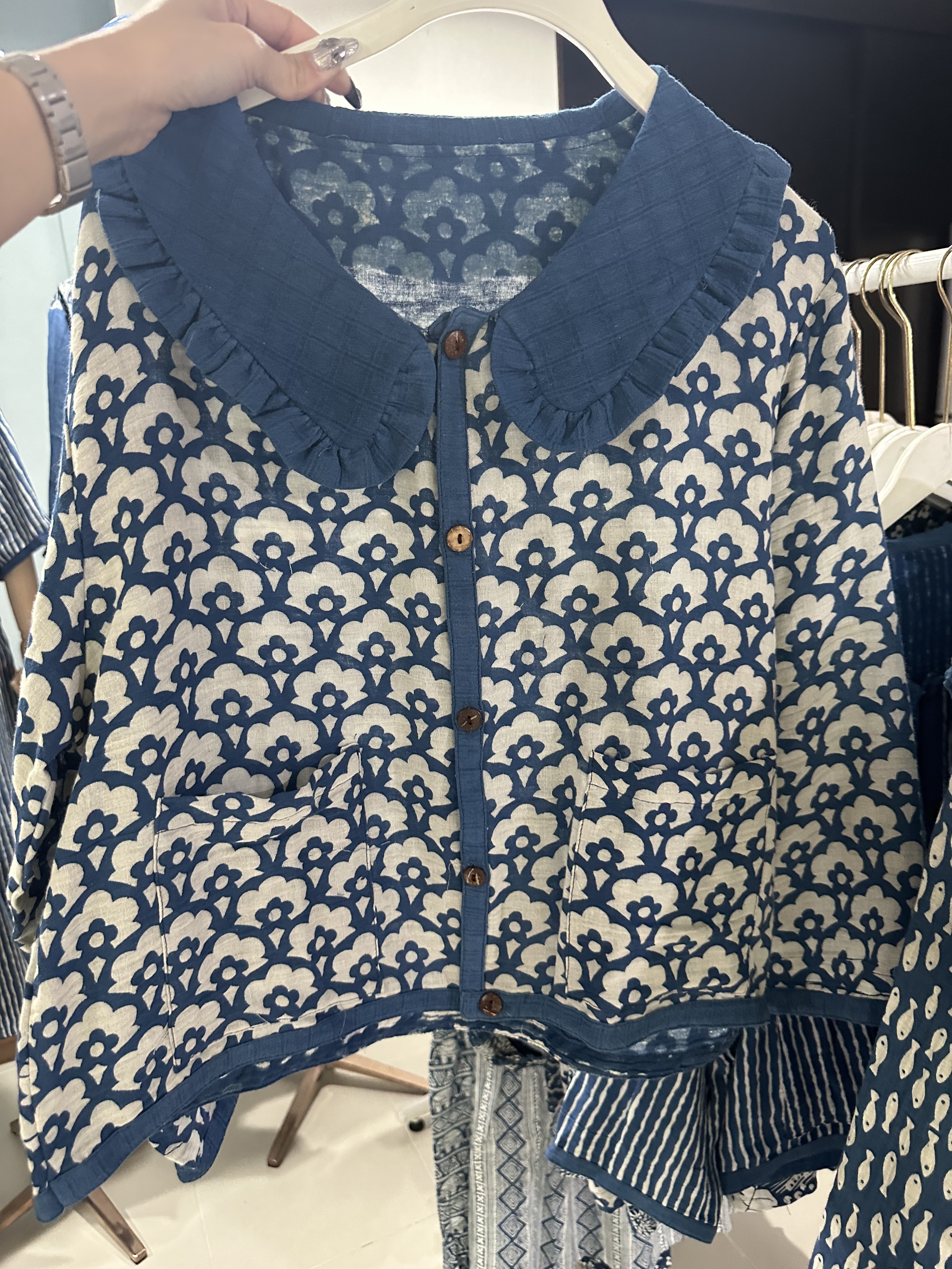 Indigo Long Sleeve Frill Collar Top