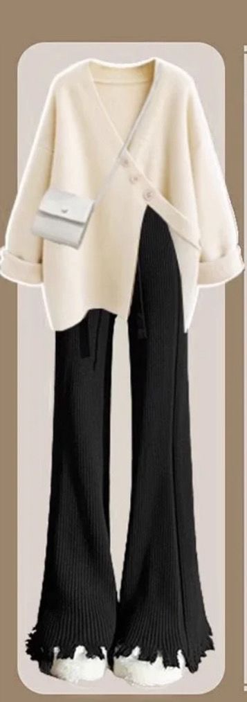 Cream Cardi & Black Pants Set