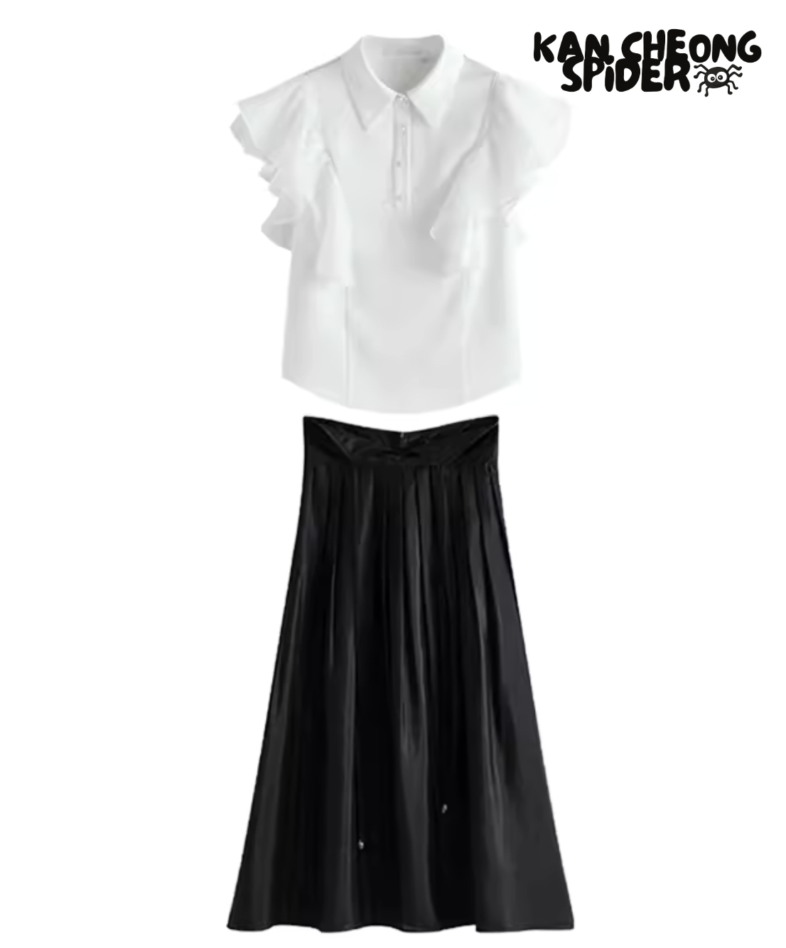 Korean Frill Sleeve Button Pearl Button Top & Skirt Set