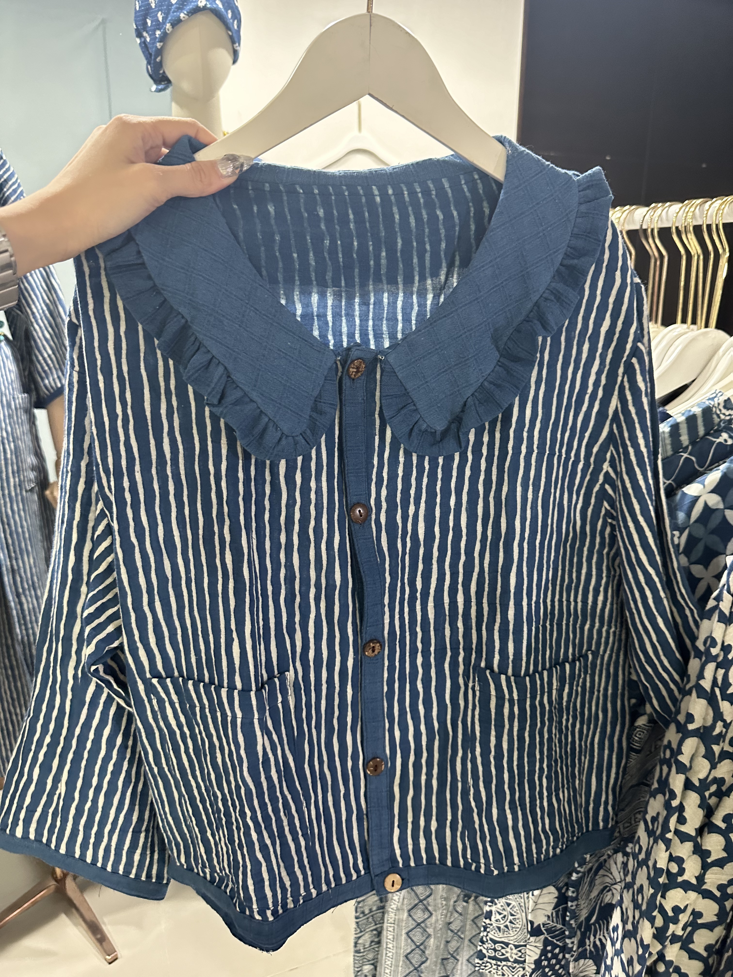 Indigo Long Sleeve Frill Collar Top