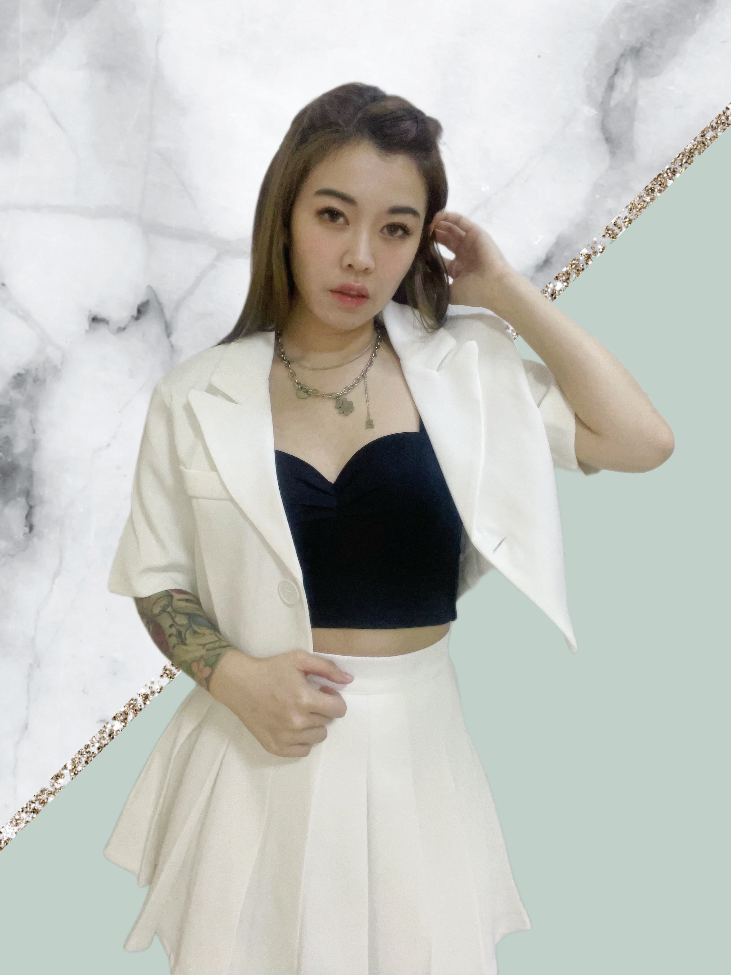 2 Piece Short Sleeved Suit Jacket + High Waist Pleated Skirt