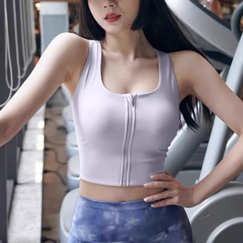 Sleeveless Halter Thick Cross Back Front Zip Sports Bra