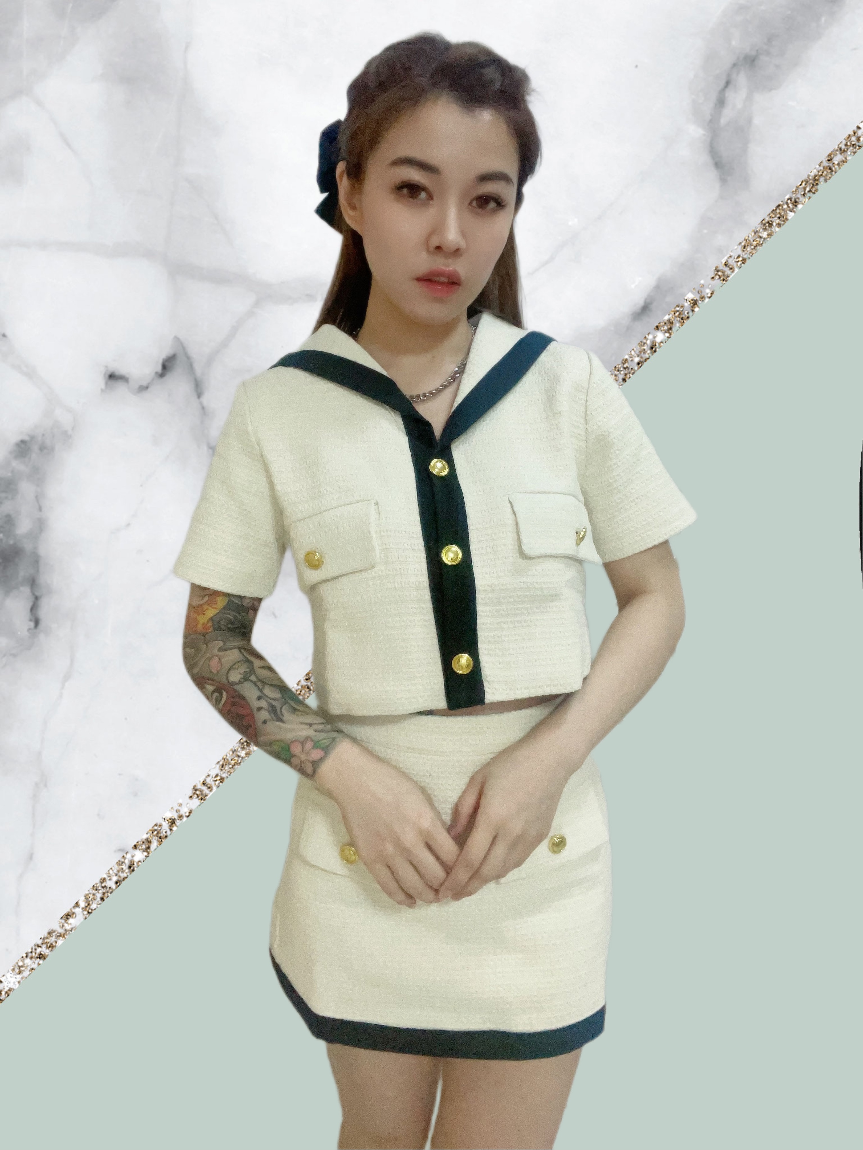 2 Piece Tweed Button Short Coat + Retro Skirt