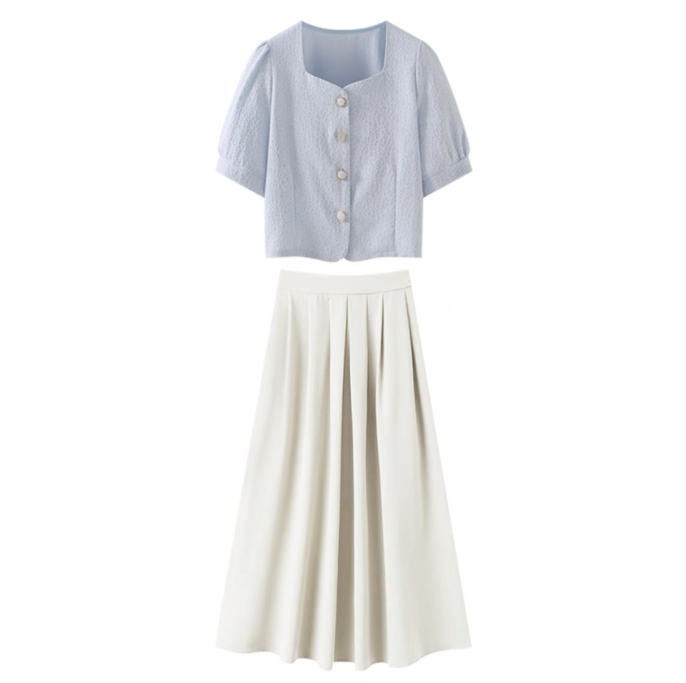 Light Blue Puffy Sleeves + White Dress Set