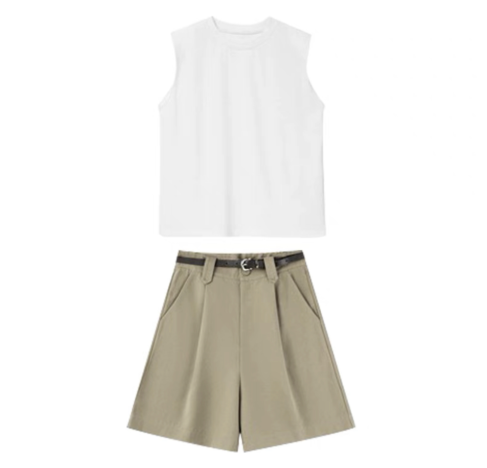 White Basic Tank Top + Khaki Shorts Set