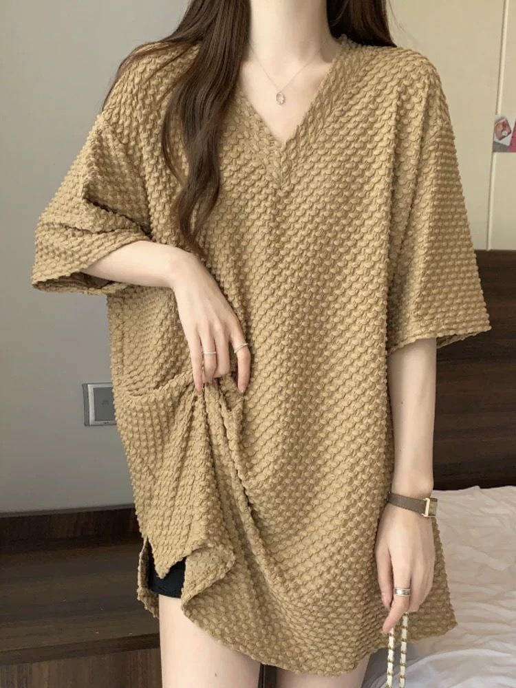 Textured Oversized V Neck Top