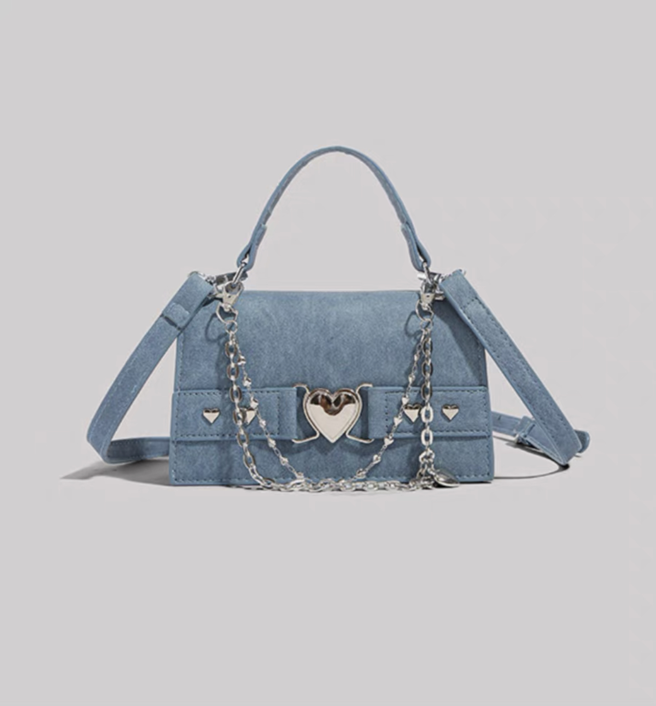 Denim Blue Heart With Chains Handbag