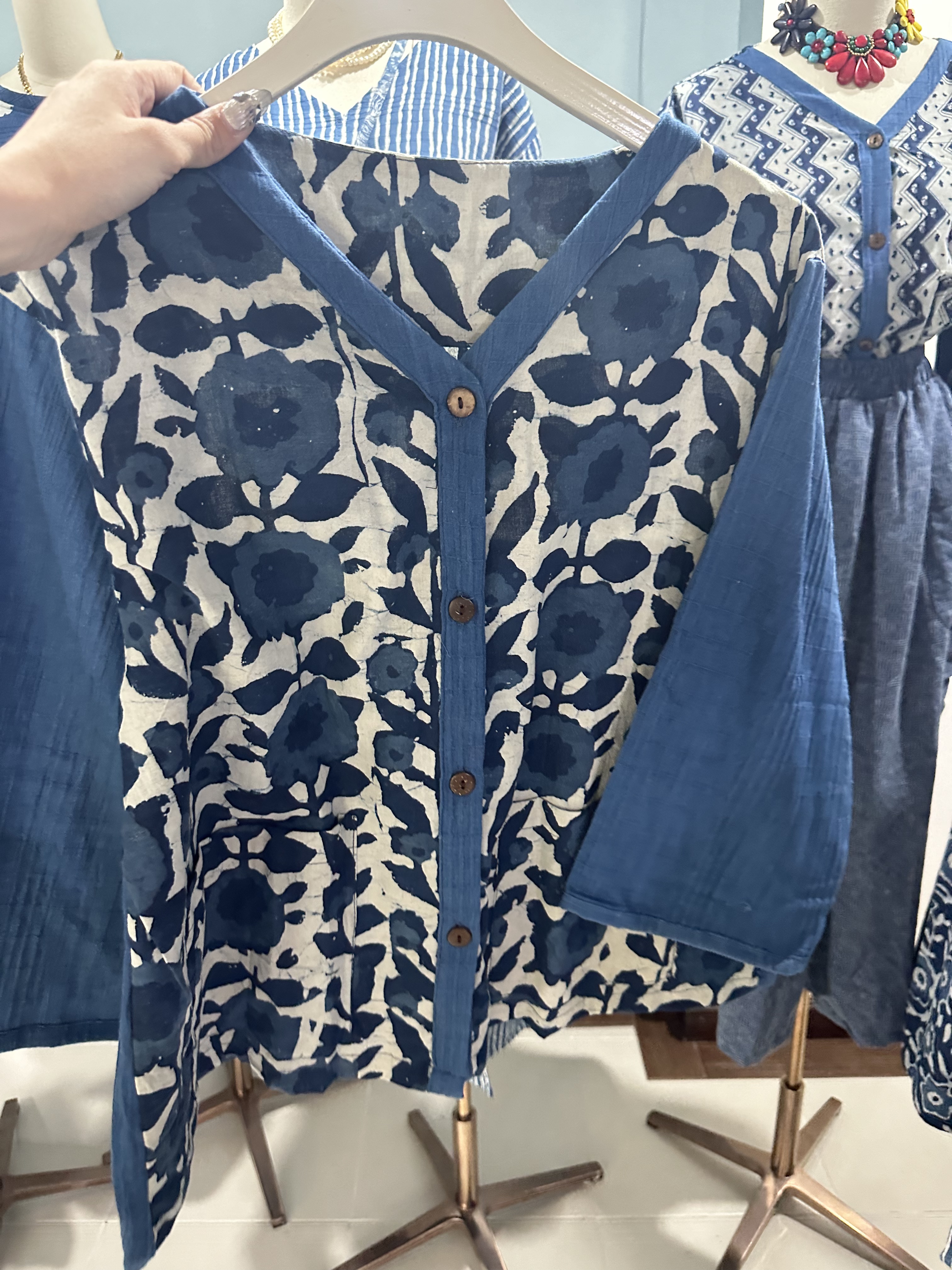 Indigo V Neck Button Up Top