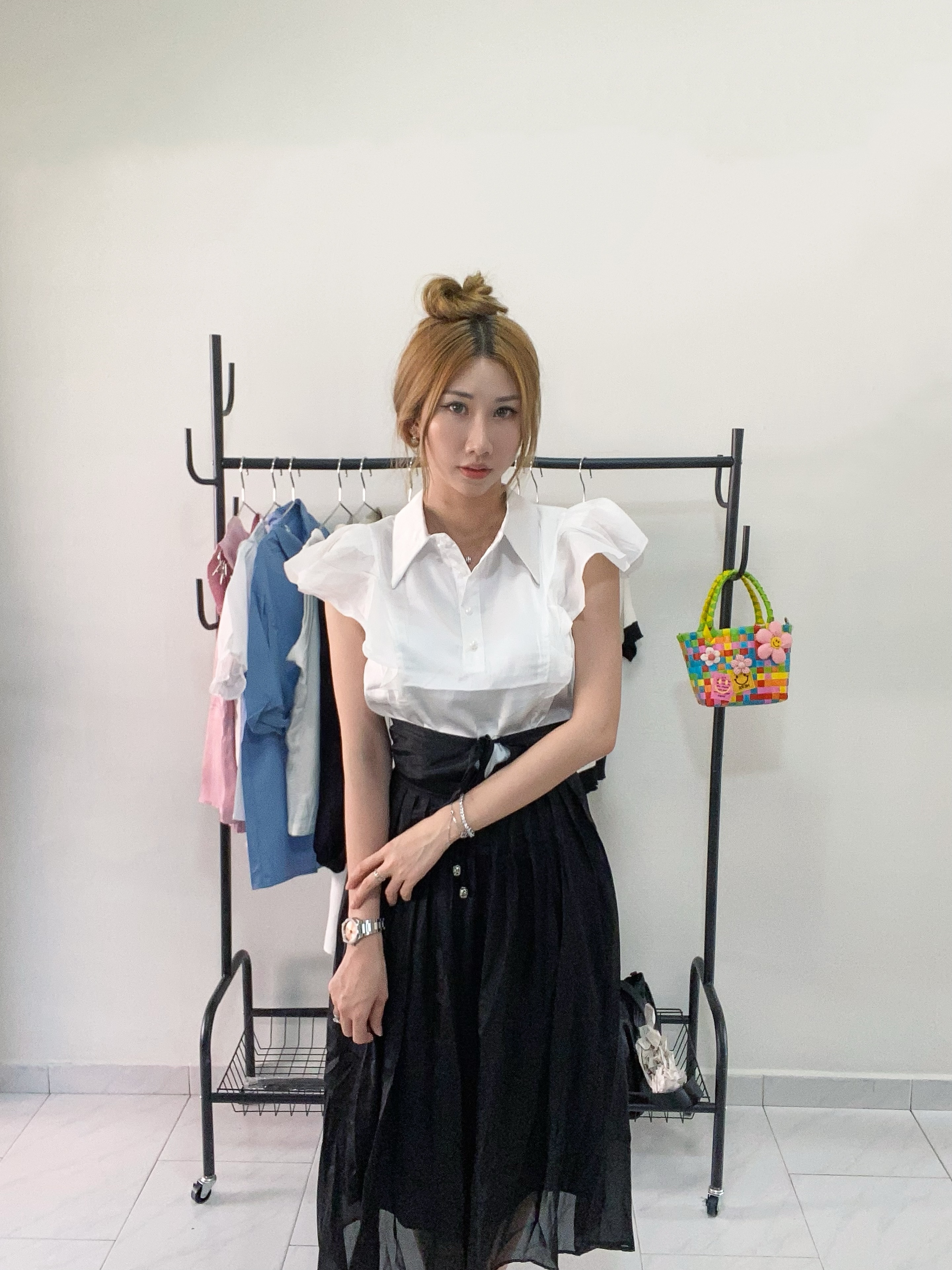 Korean Frill Sleeve Button Pearl Button Top & Skirt Set