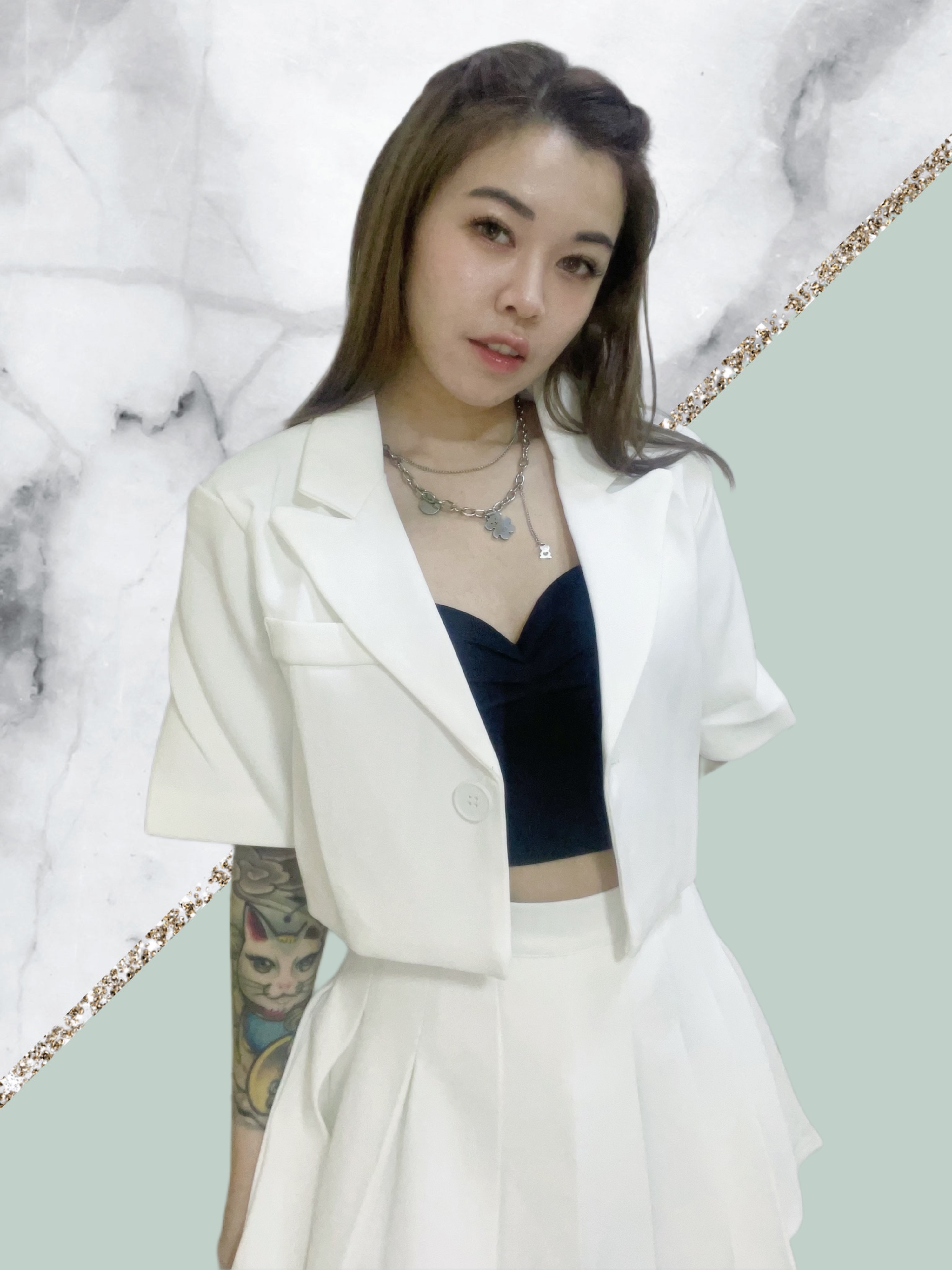 2 Piece Short Sleeved Suit Jacket + High Waist Pleated Skirt