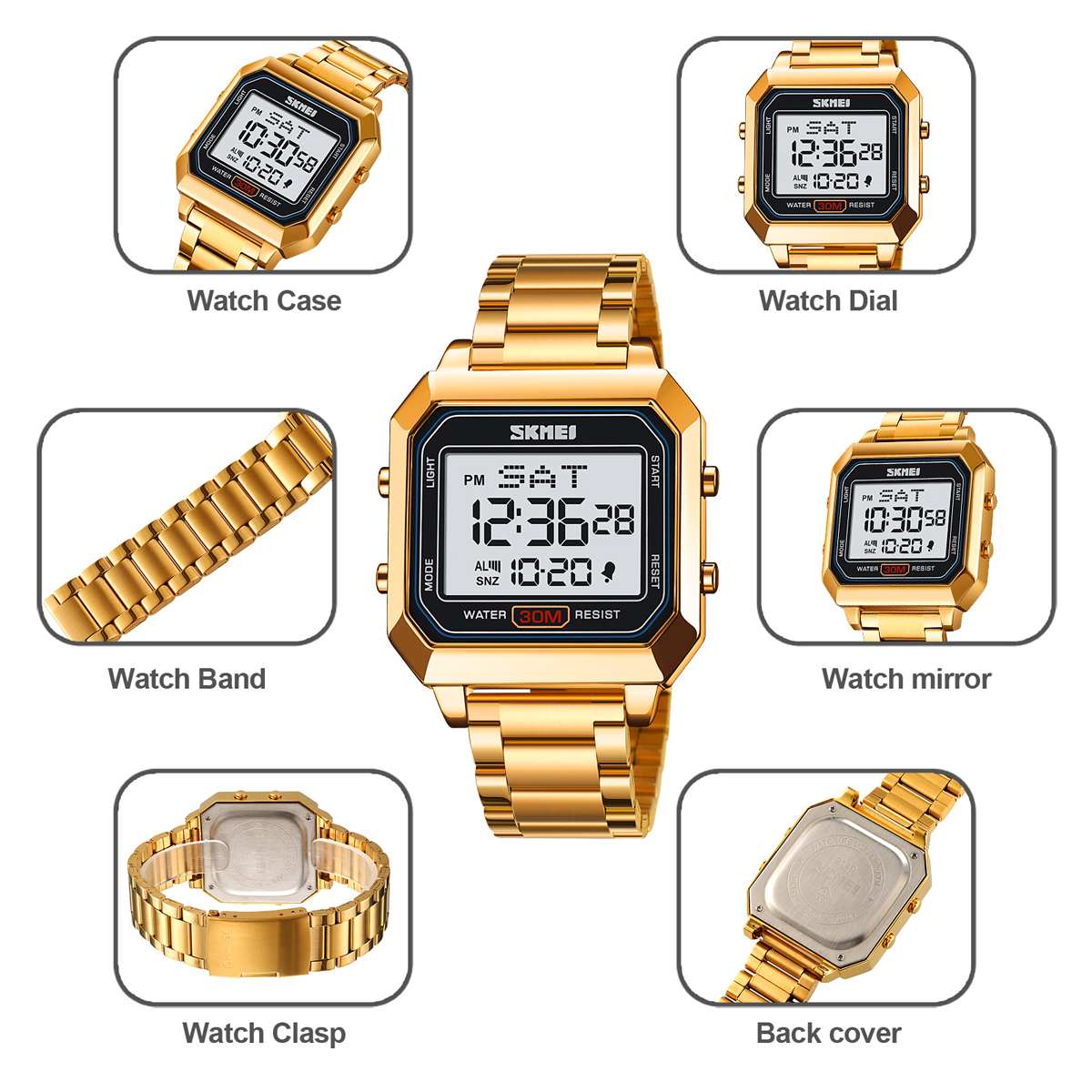 Men's digital waterproof dual time watch