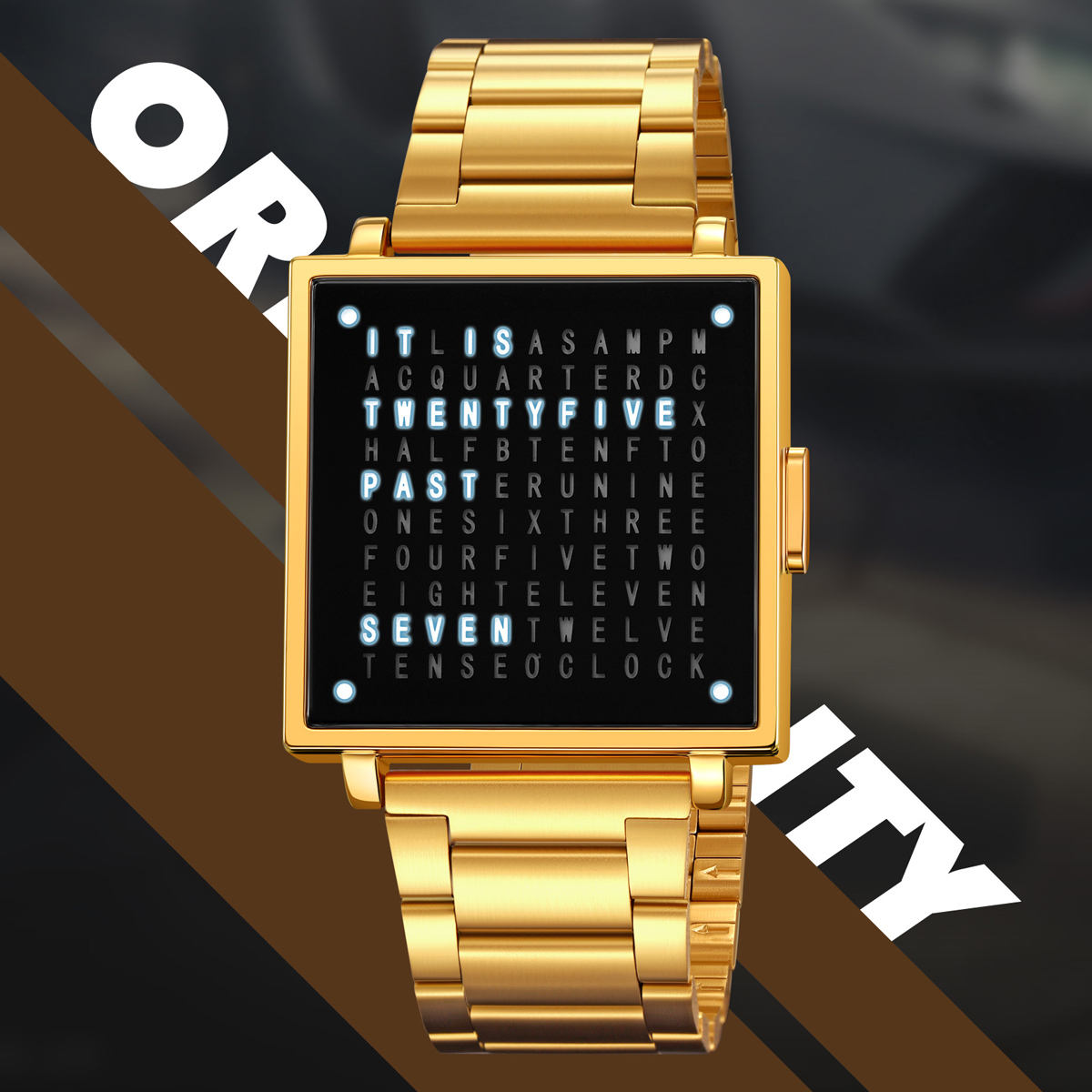 Creative LED letter display square steel strap watch