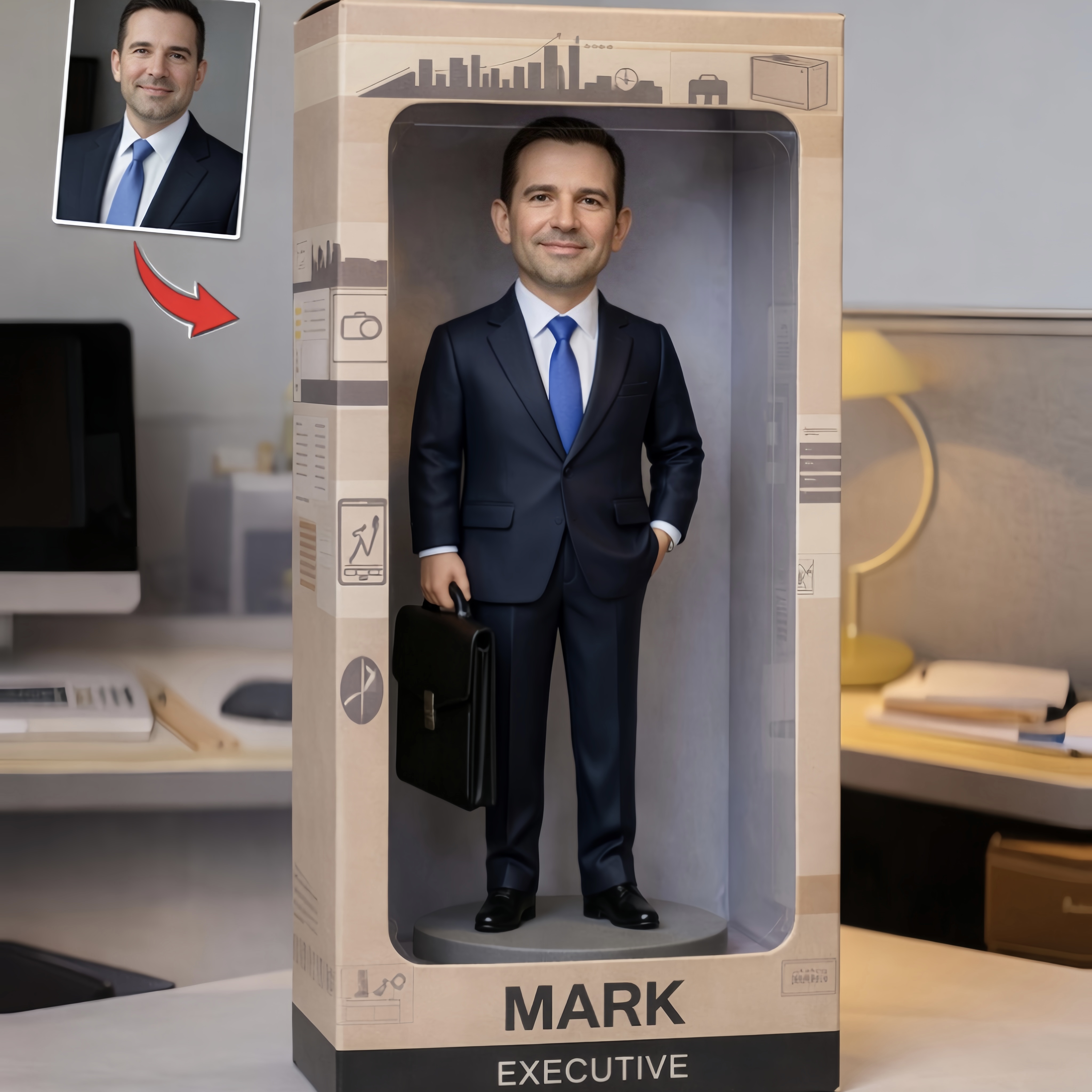 Fully Body Customizable 1 Person in Gift Box, Custom Business Bobbleheads With Engraved Text, Unique Gift Idea