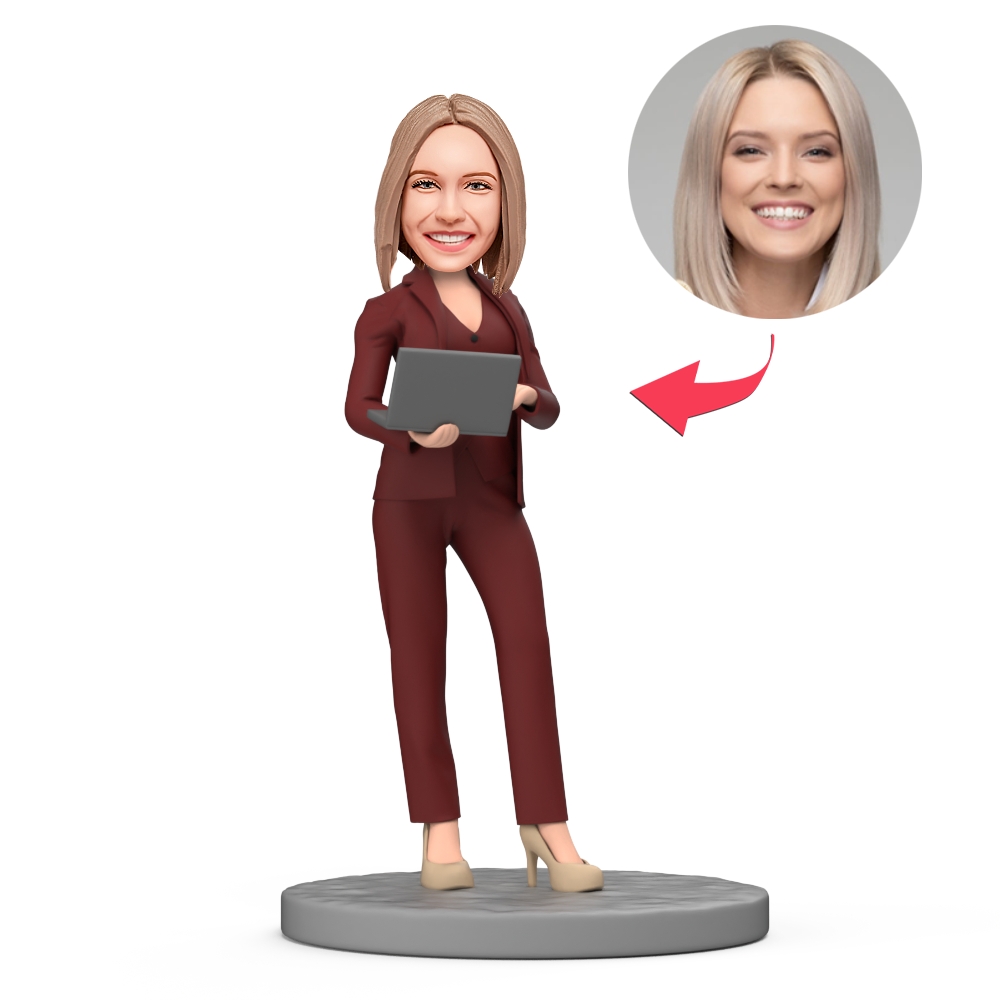 Female Wear Claret Suit with Computer Custom Bobblehead with Engraved Text