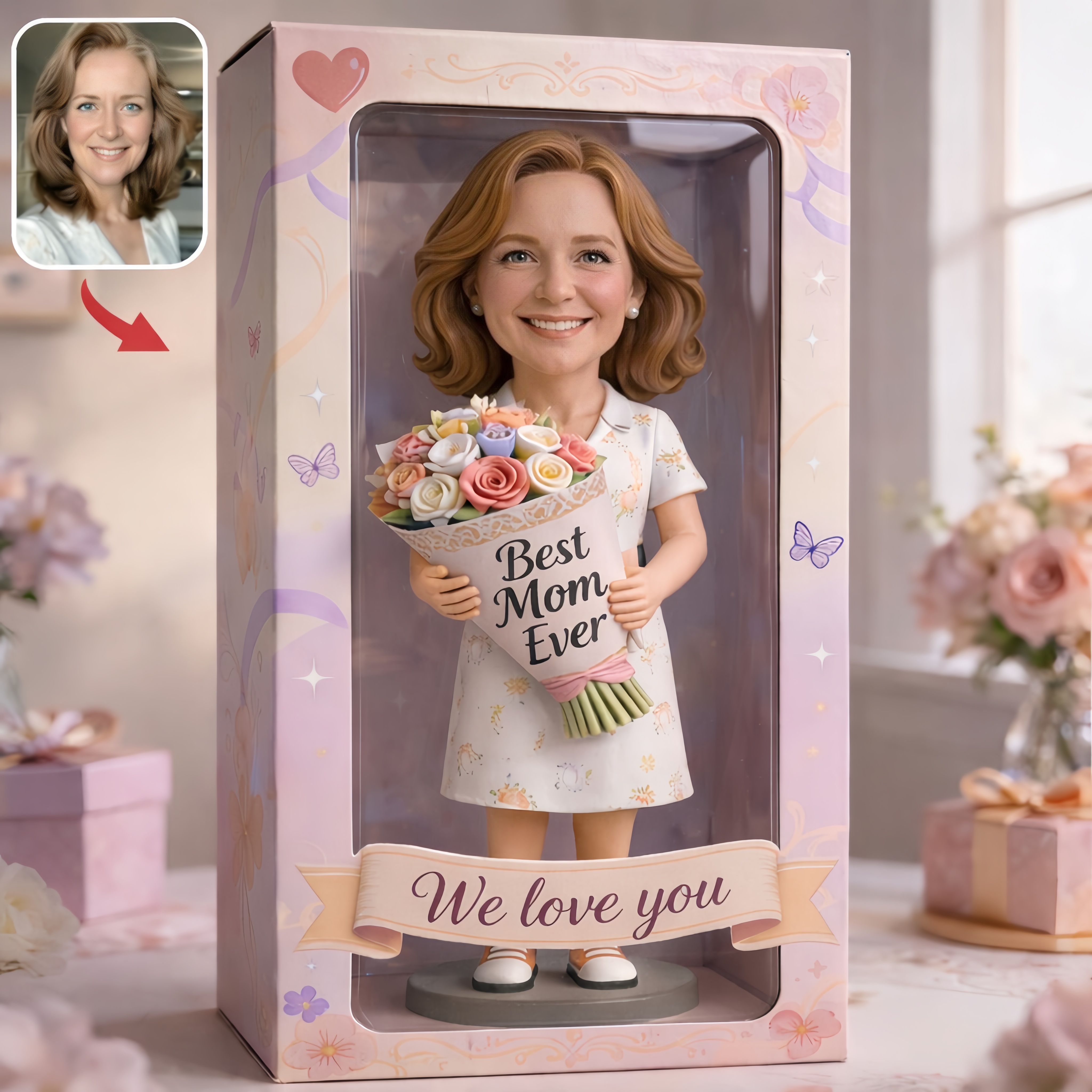 Fully Body Customizable 1 Person in Gift Box, Custom Mother's Day Bobbleheads With Engraved Text, Mother's Day Gift