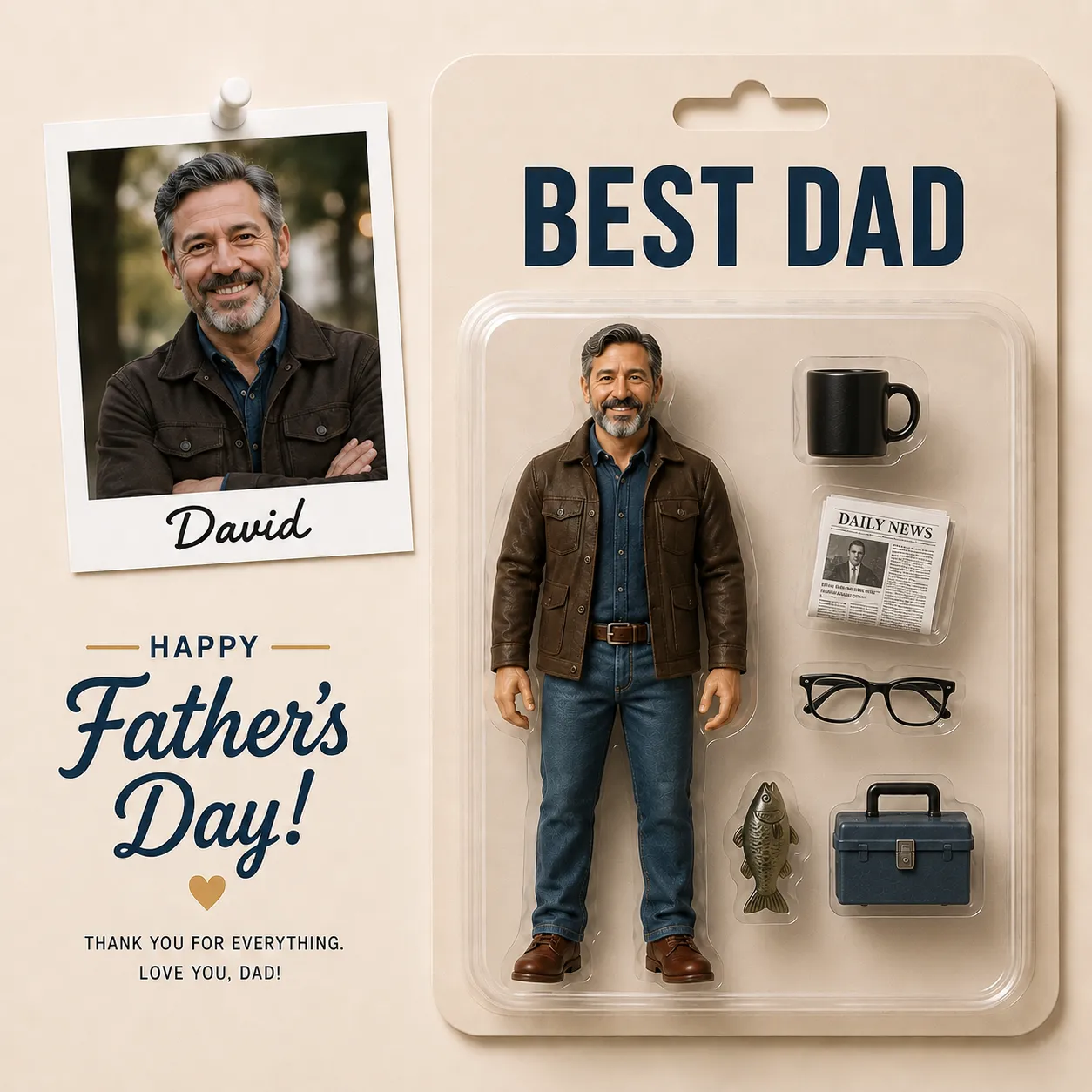 Custom Photo Dad Action Figure 2D Product with 3D Effect Personalized Toy Box Style Acrylic Car Hanger Father's Day Gift