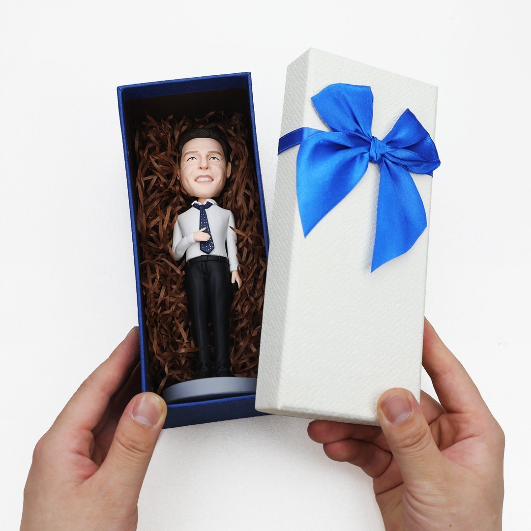 Father's Day Gifts Custom Dad Wear Black Suit and Blue Shirt Bobbleheads With Engraved Text