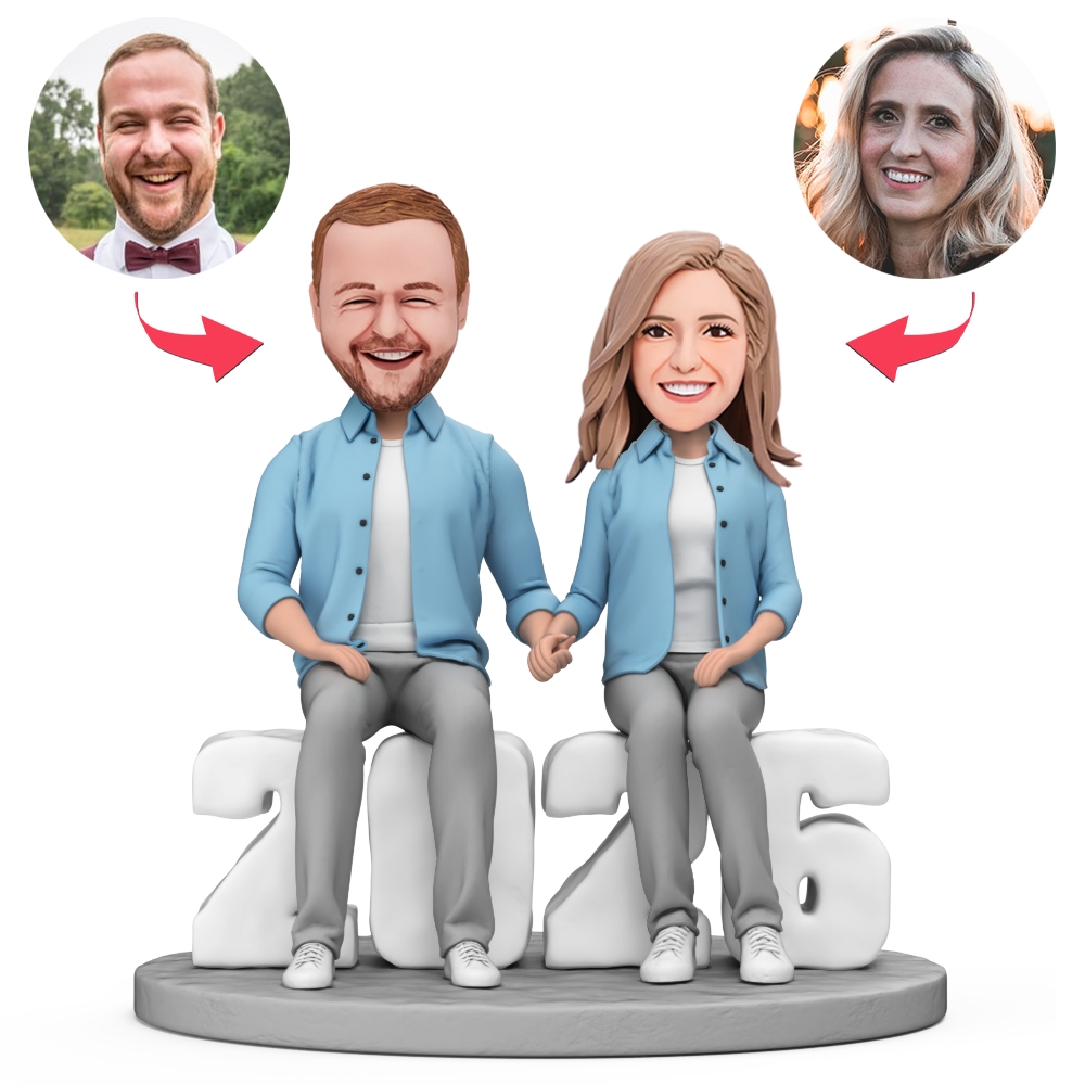 Valentine's Day Gifts Couple Blue Outfit Sitting on 2026 Couple Custom Bobblehead With Engraved Text Valentine's Day Gift - CustomBobbleheadsAU