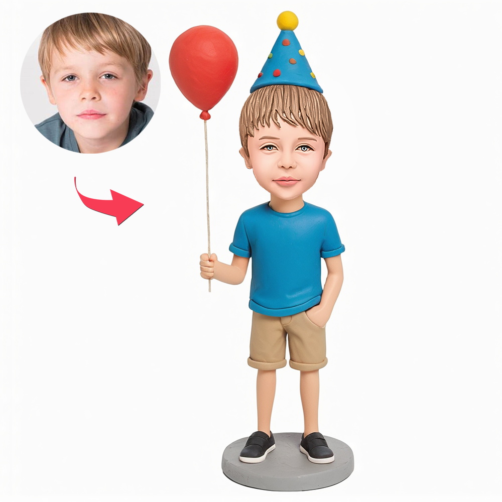 Boy Holding a Balloon and Wearing a Birthday Hat Custom Bobblehead With Engraved Text for Birthday
