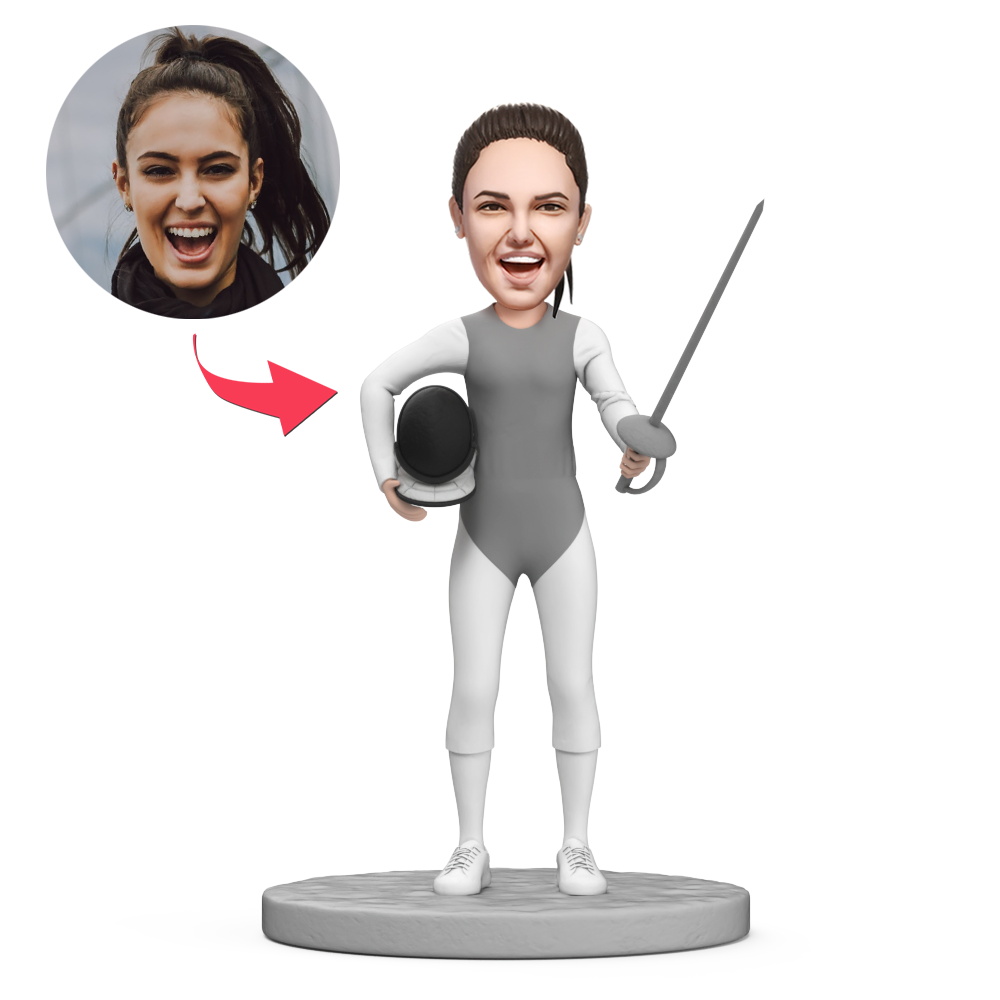 Custom Female Fencer Wearing a White and Gray Fencing Uniform Custom Bobblehead With Engraved Text Gift