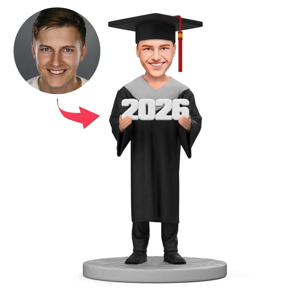 Custom Male Graduates Wearing Academic Gowns 2026 Custom Bobblehead With Engraved Text Gift