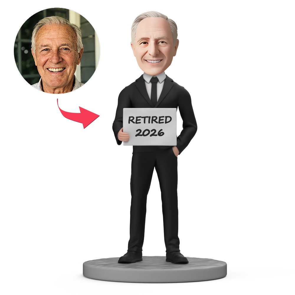 2026 Retired Male Wearing Suit Custom Bobblehead With Engraved Text