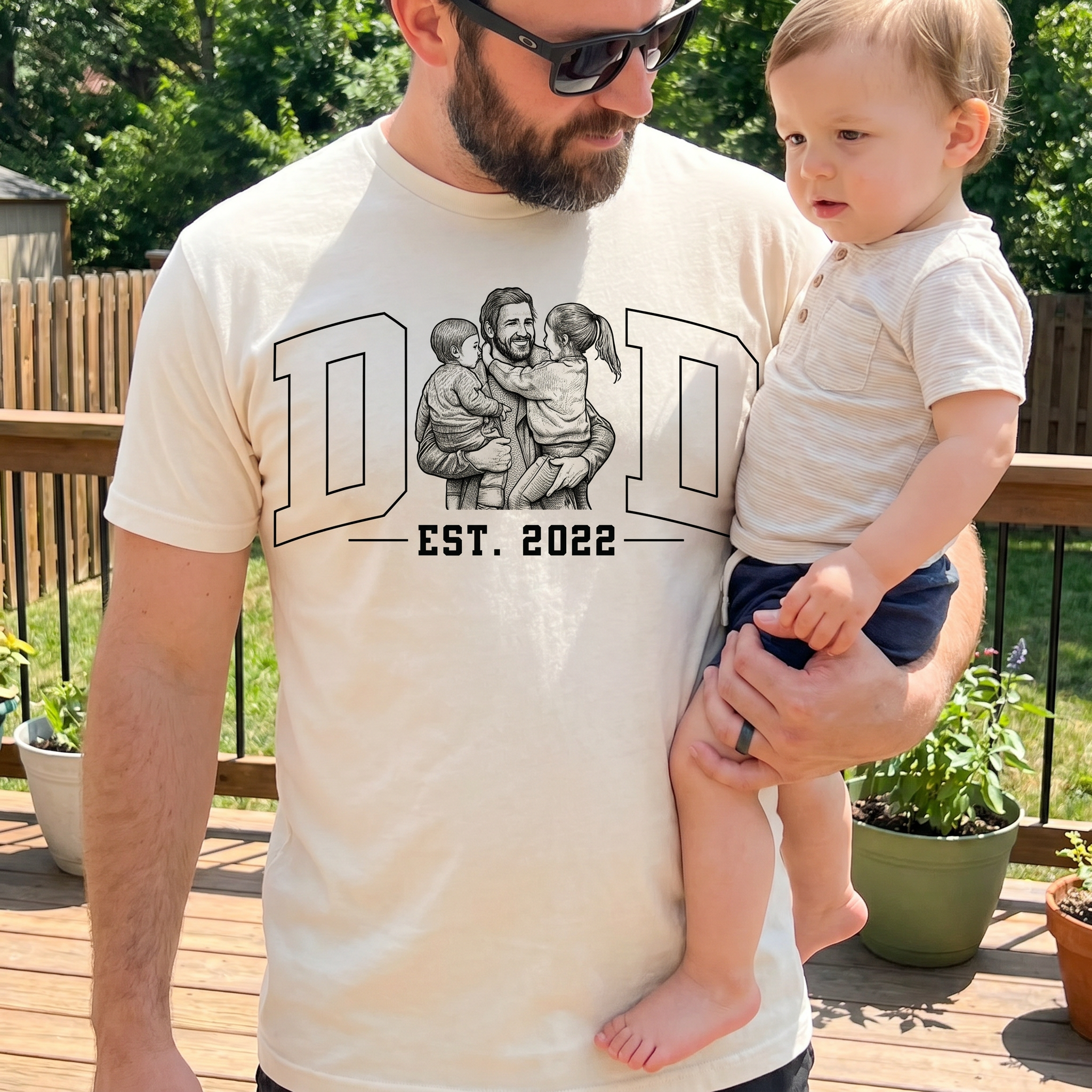 Custom Photo Sketch Dad T-Shirt - Personalized Father's Day Shirt with EST. Year, Custom Portrait Sketch DAD Tee, Heartwarming Gift for Dad, Grandpa, New Dad