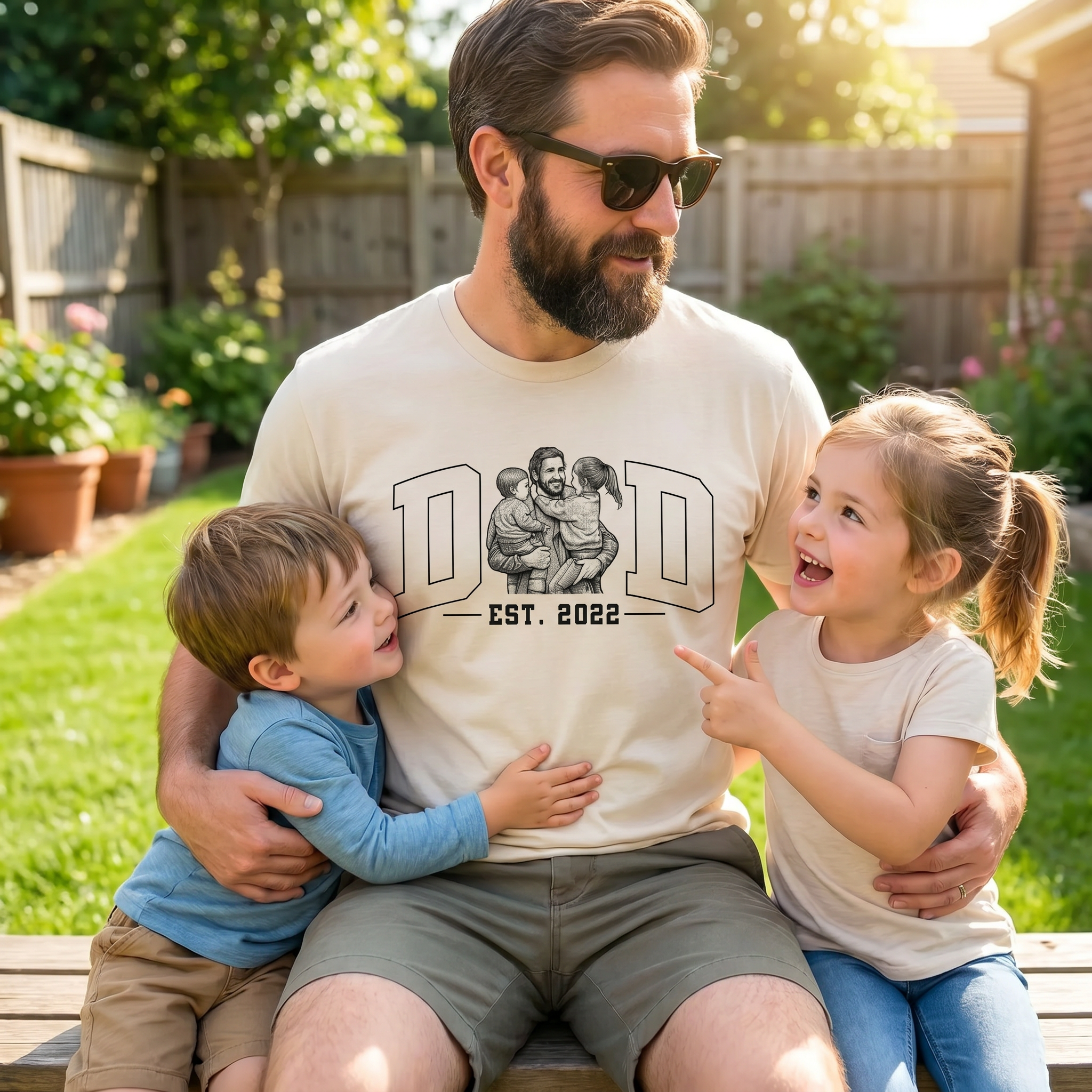 Custom Photo Sketch Dad T-Shirt - Personalized Father's Day Shirt with EST. Year, Custom Portrait Sketch DAD Tee, Heartwarming Gift for Dad, Grandpa, New Dad