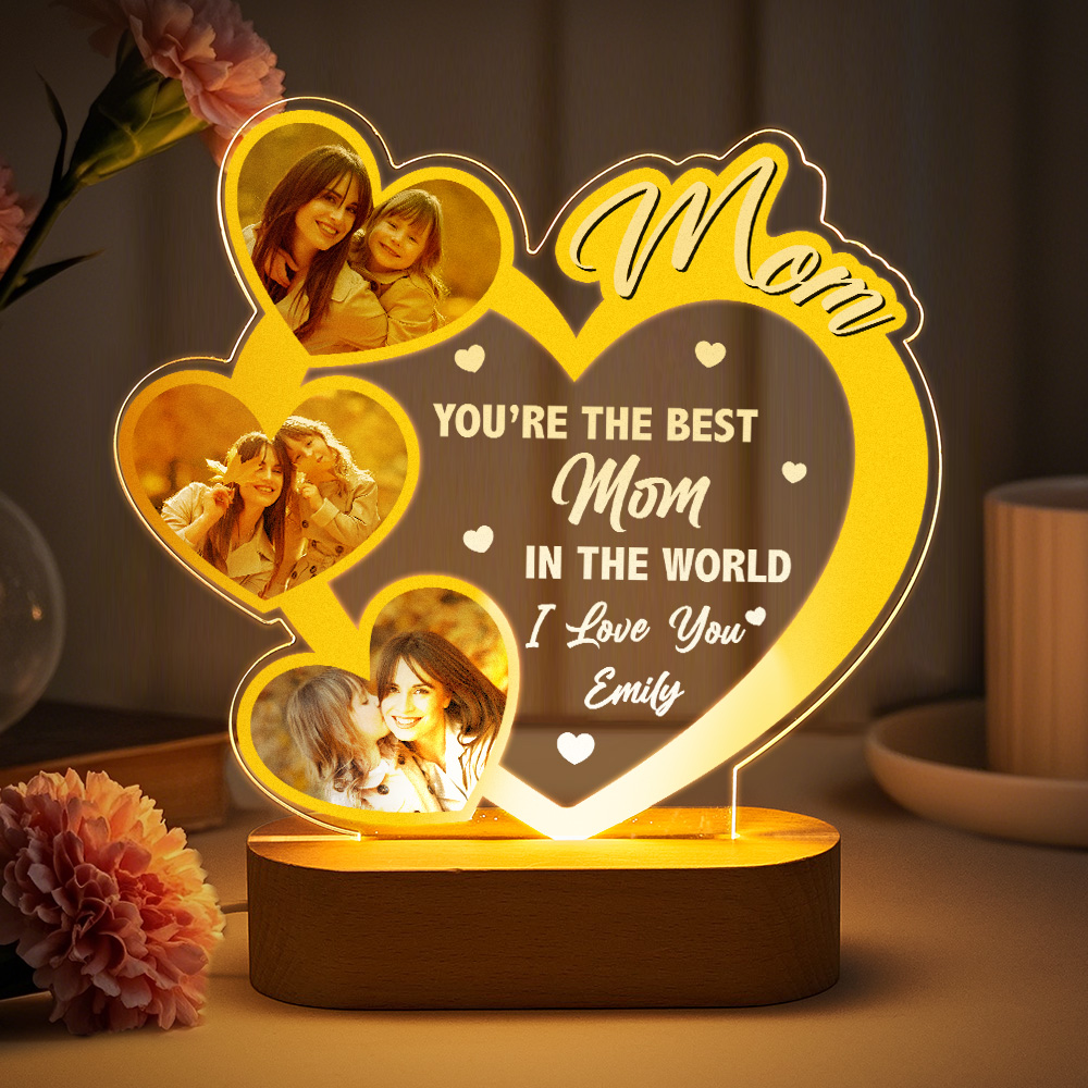 Custom 3 Heart Photos Night Light with Name Personalized Best Mom/Mum Gifts Mother's Day Gifts