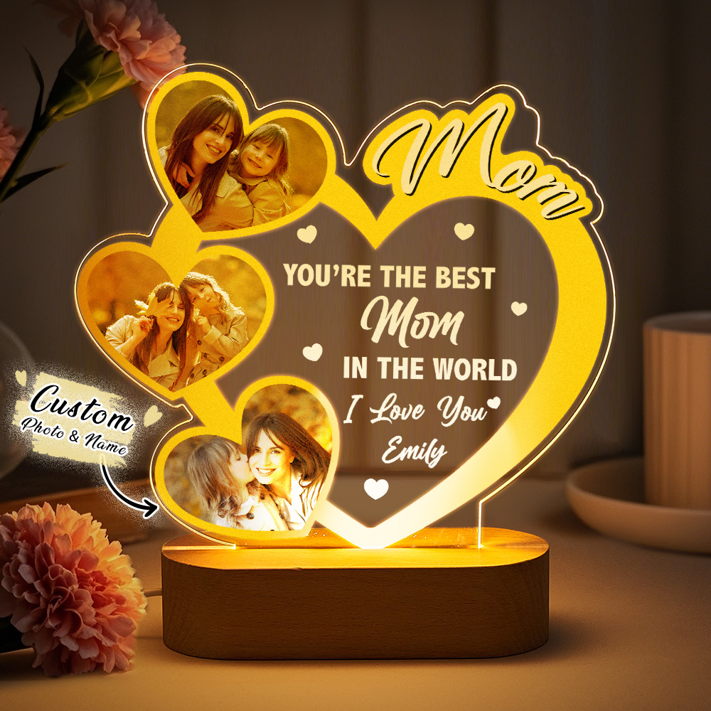 Custom 3 Heart Photos Night Light with Name Personalized Best Mom/Mum Gifts Mother's Day Gifts