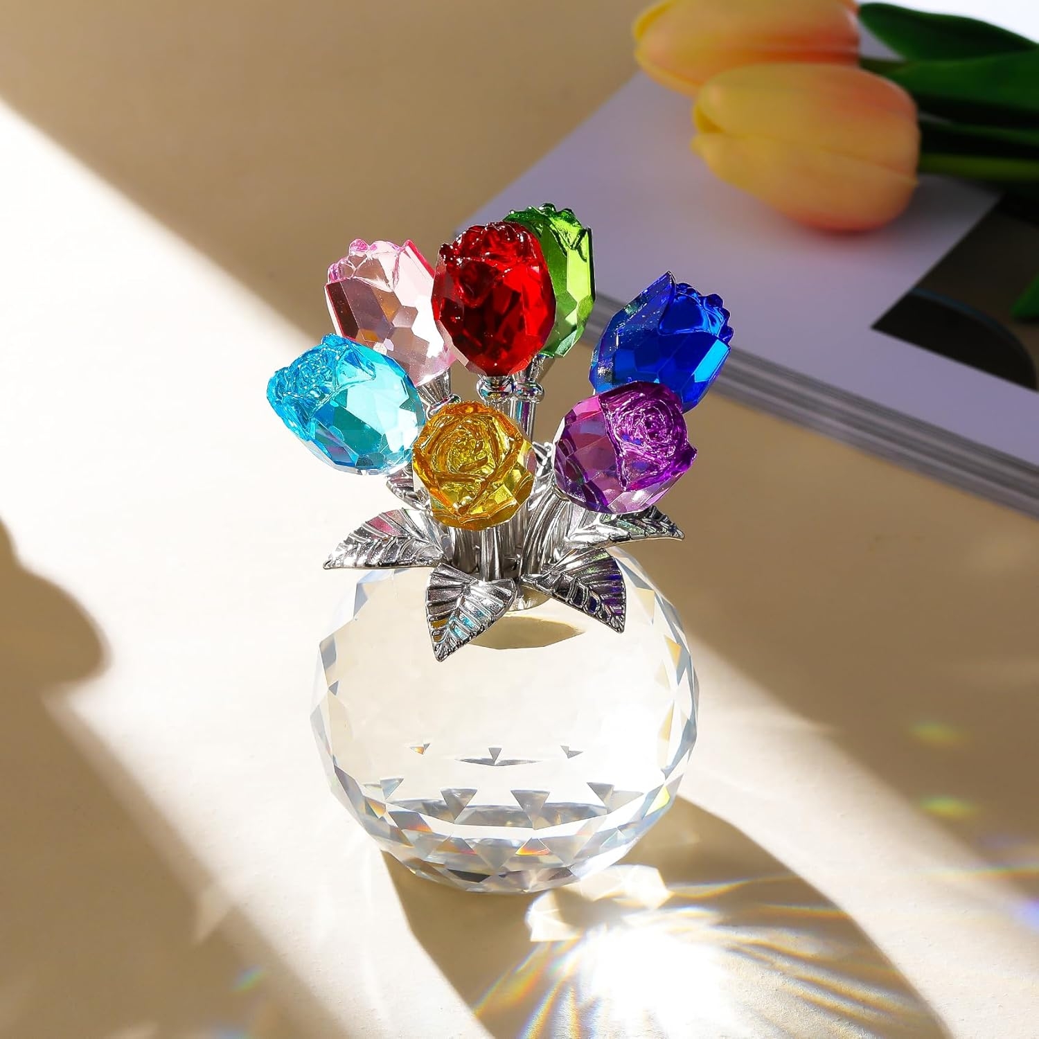 Crystal Colorful Rose Flower Collectible Figurine with Vase Rose Bouquet Floral Romantic Gifts for Mom