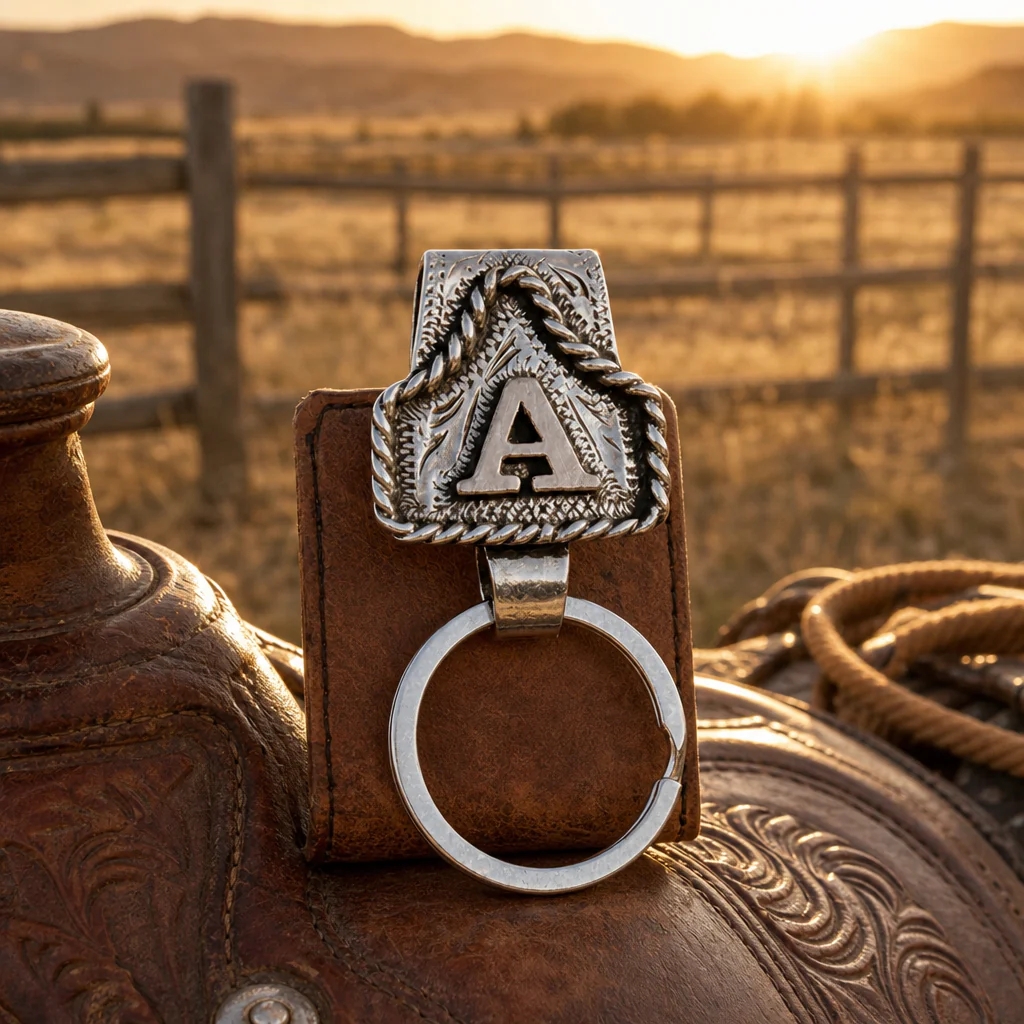 Vintage Metal Cow Tag Keychain Handmade Cowboy Western Initial Key Holder - 