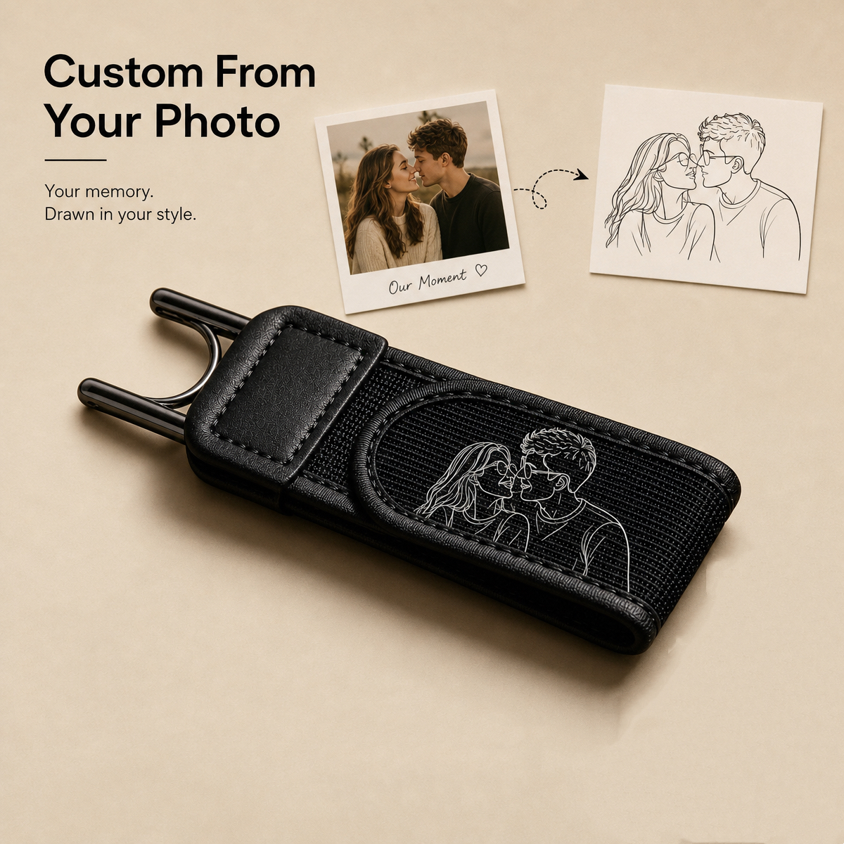 Custom Couple Portrait Metal Hook Elastic Belt Unisex Adjustable Buckle – Personalized Line Art Photo Adjustable Buckle  for Couples - 