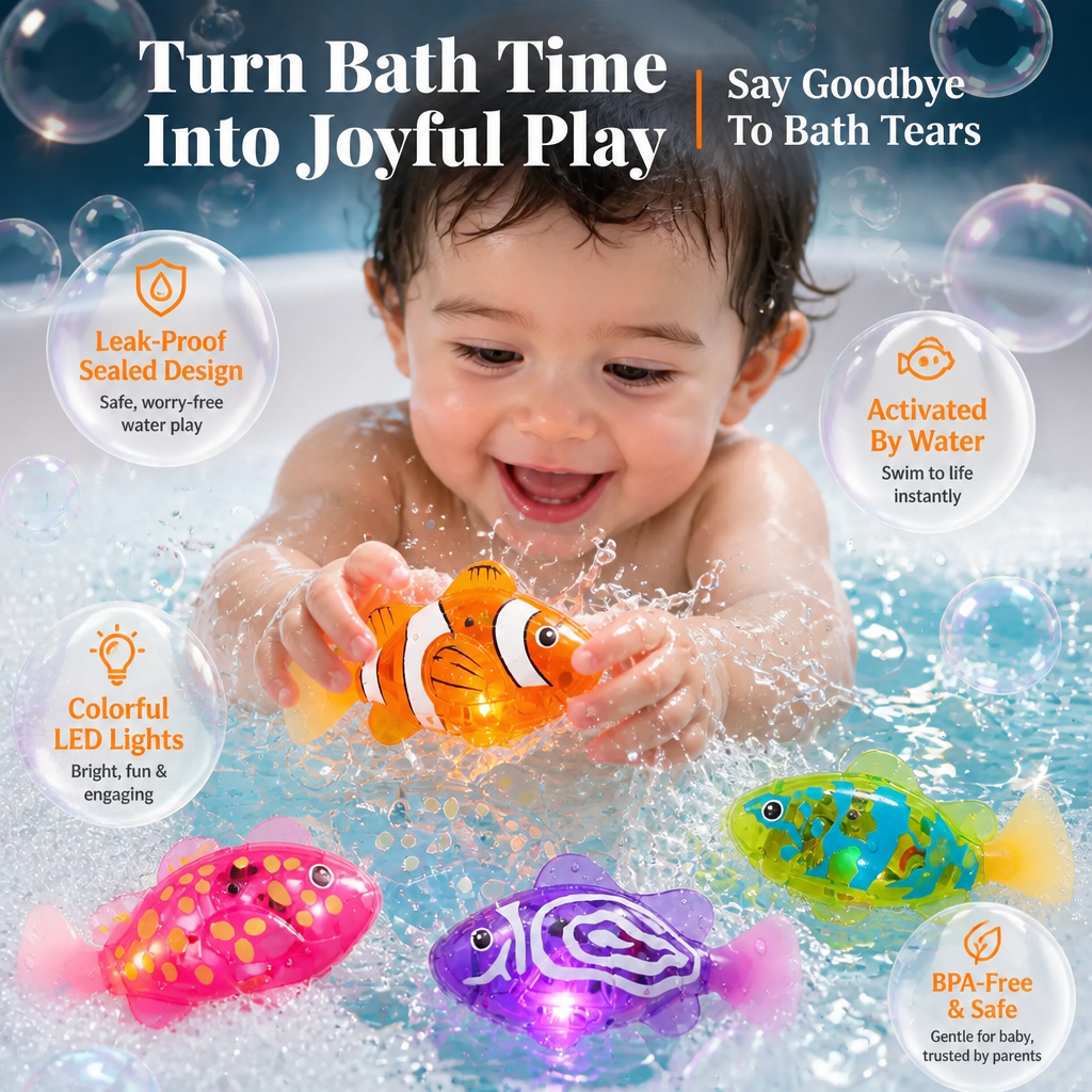 Electronic Pet Fish Bath Toy Induction Activated LED Light Up Swimming Fish Waterproof Interactive Robot Clown Fish Toy - 