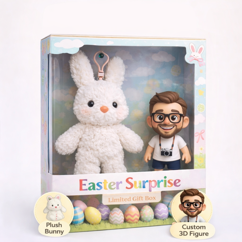 Custom 3D Baby Figure Easter Gift Box – Personalized Mini Doll with Plush Bunny, From Photo