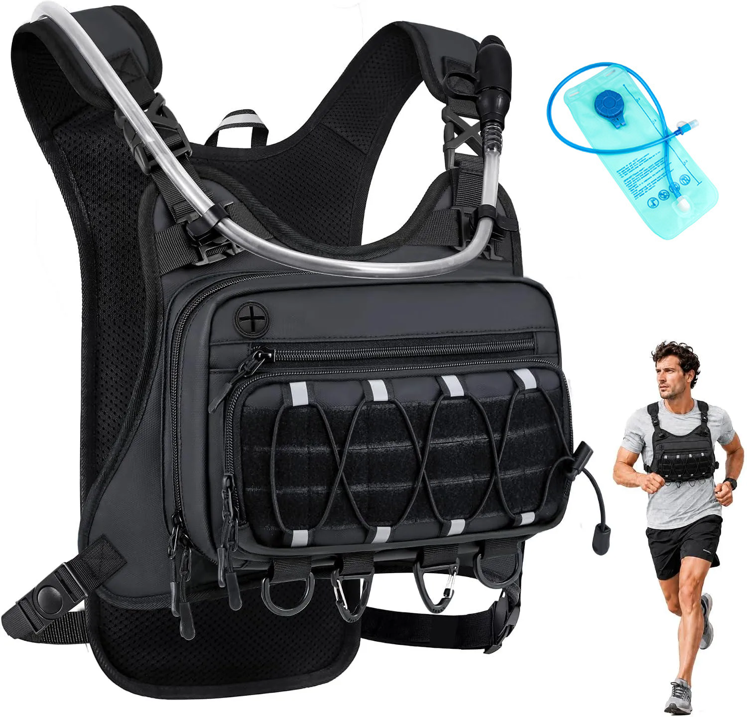 Running Vest for Men with 2L Water Bladder Tactical Hydration Backpack Adjustable Lightweight Chest Pack for Marathon Hunting Cycling - 