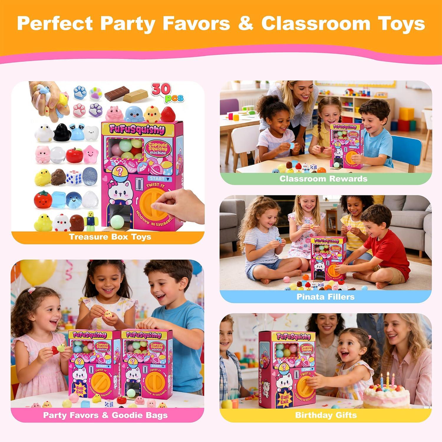Squishy Capsule Toys for Kids, Mini Vending Machine Toy Set, Soft Stress Relief Squishies Party Favors, Classroom Rewards & Birthday Gifts - 