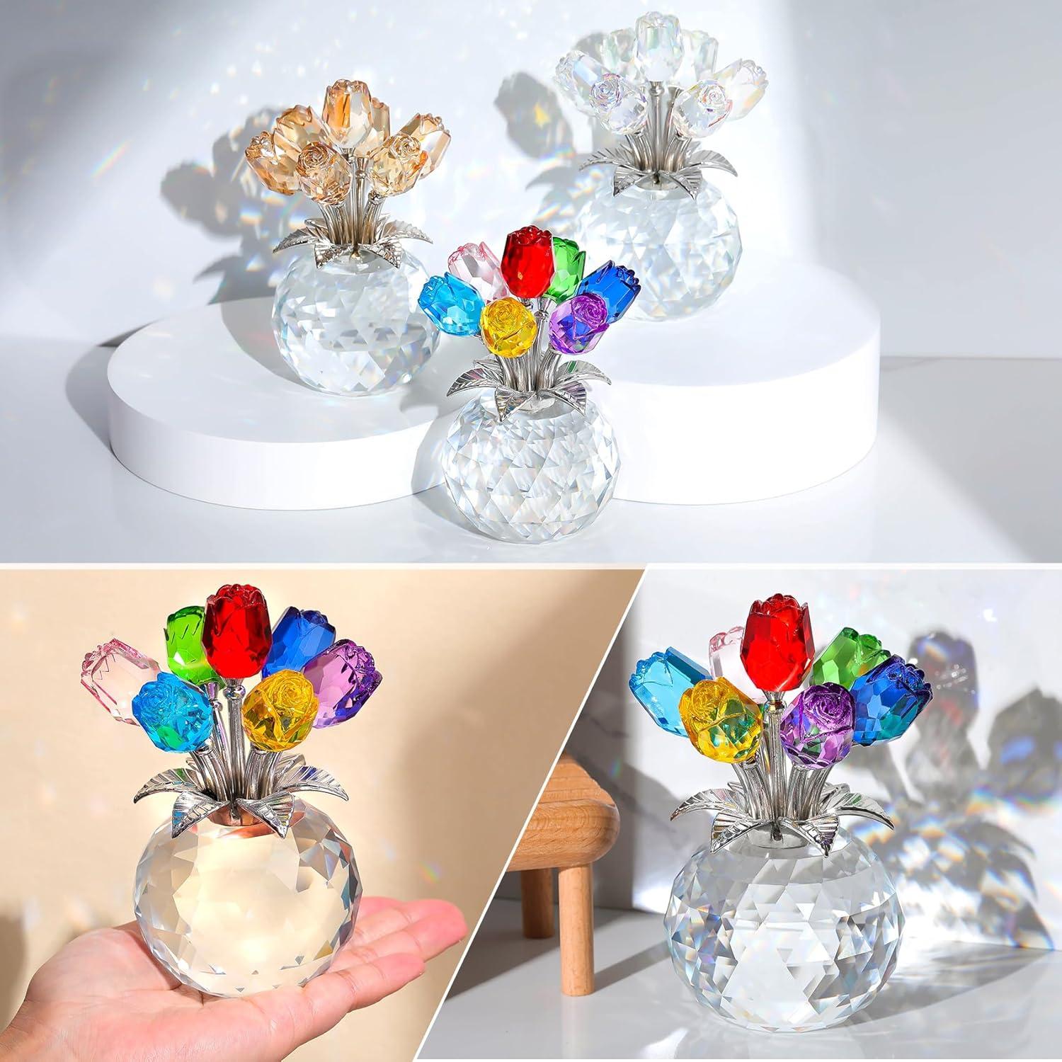 Crystal Colorful Rose Flower Collectible Figurine with Vase Rose Bouquet Floral Romantic Gifts for Mom