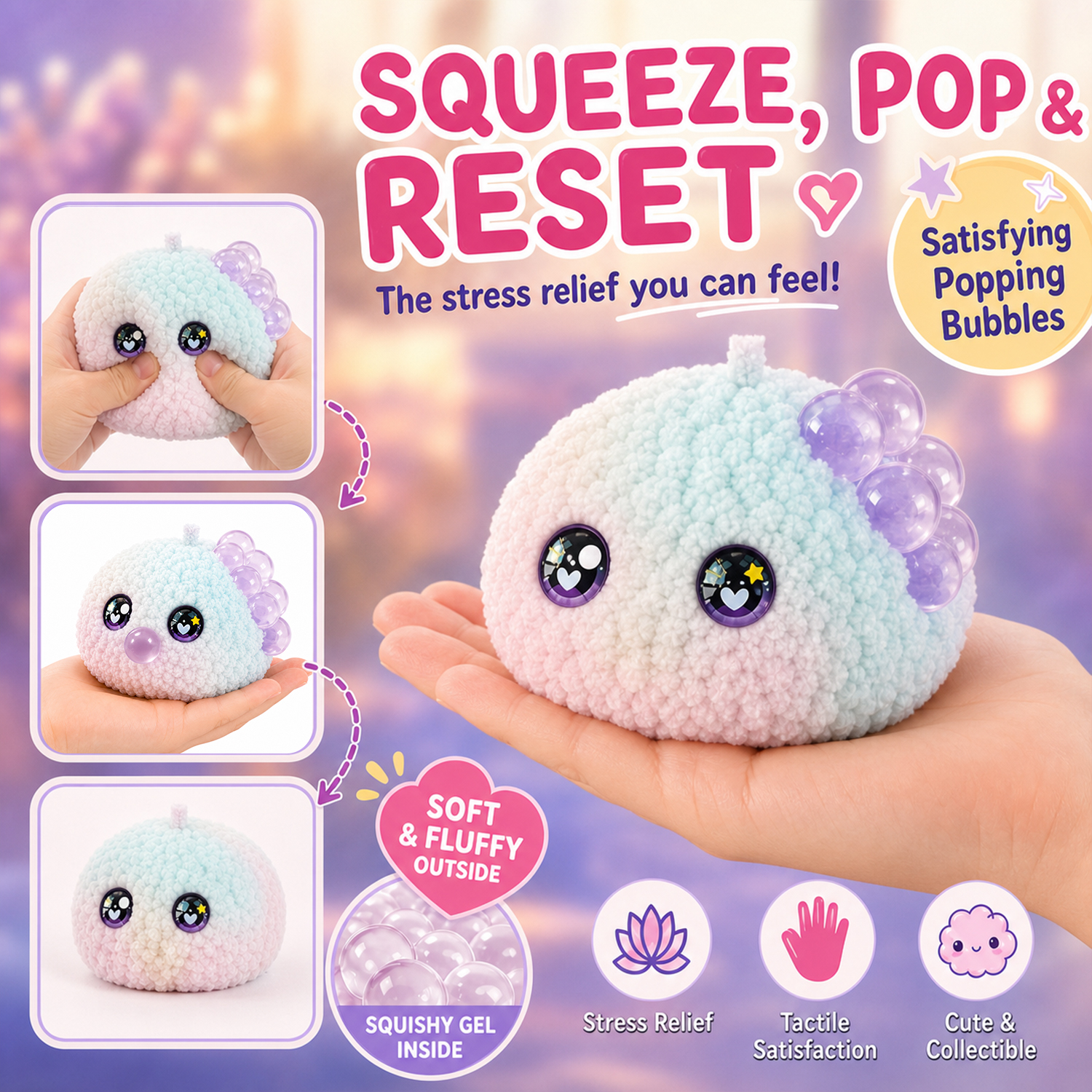 Crochet Bubble Squishy Ball – Soft Handwoven Fidget Toy with Slow-Rising Bubble Pop, Cute Sensory Stress Relief Toy - 
