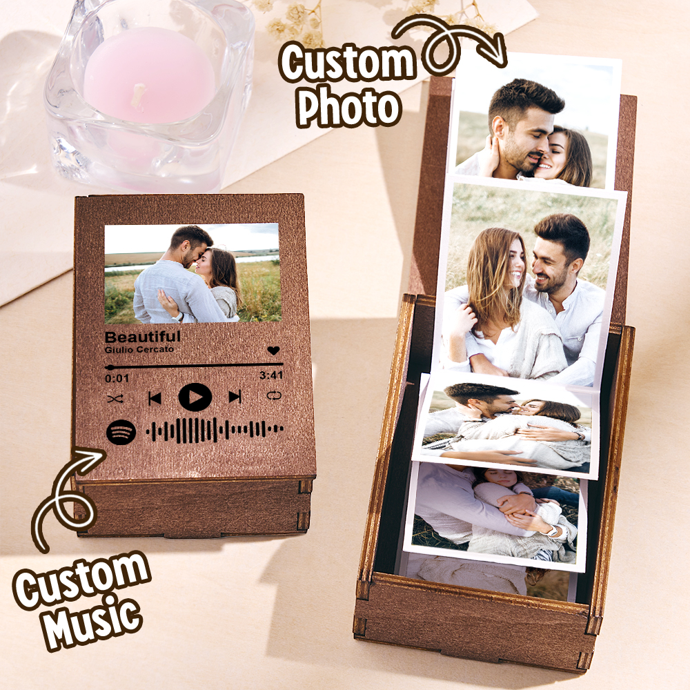 Customized Wooden Photo Box Spotify "Love Memories" Wedding Anniversary Album Gift for Couple - 