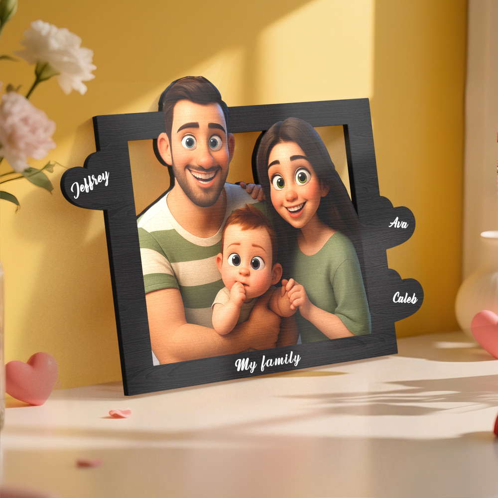 Personalized Pixar Cartoon Style Heart-Shaped Name Photo Frame Best Anniversary Birthday Family Holiday Gift - 