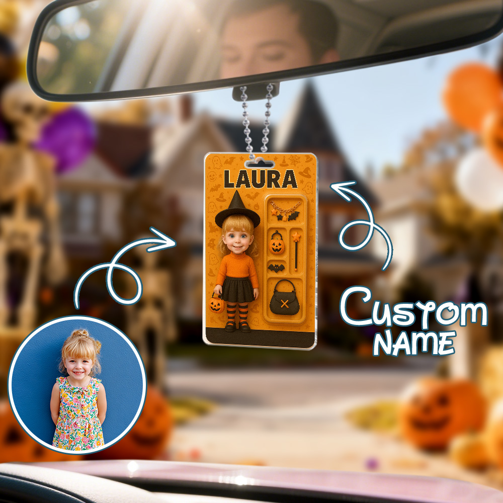 Custom 3D Effect Action Figure Pack Packaging Personalized Acrylic Pumpkin Girl Car Hanger Gift for Halloween - 
