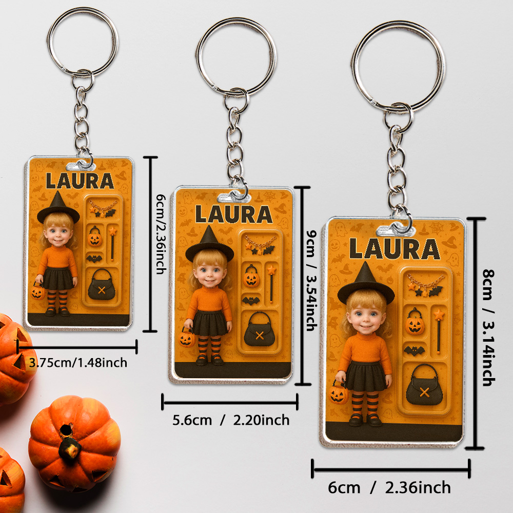Custom 3D Effect Action Figure Pack Packaging Personalized Acrylic Pumpkin Girl Keychain Gift for Halloween - 