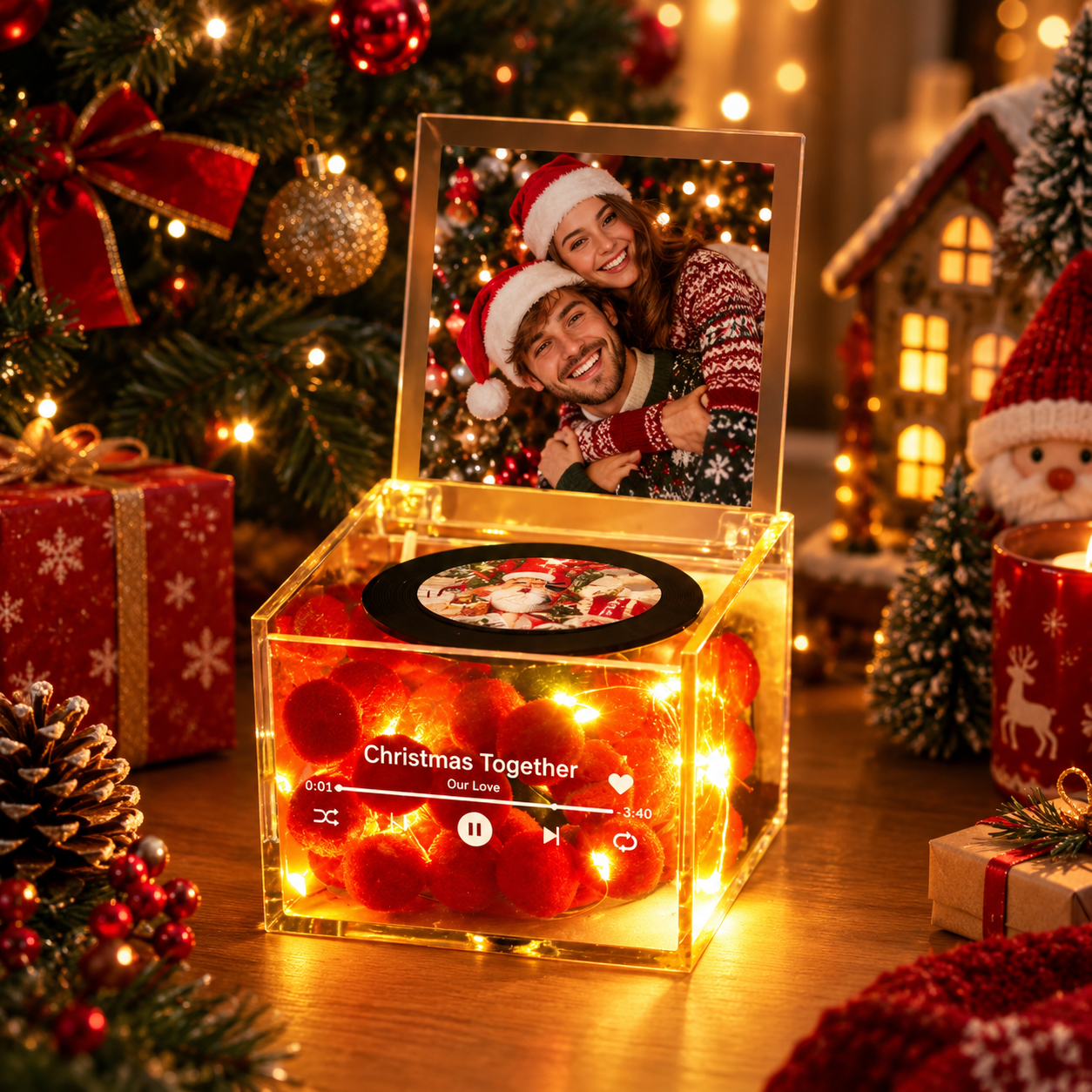 Personalized Christmas Mini Vinyl Record Player – Custom Photo Music Player Gift for Him 