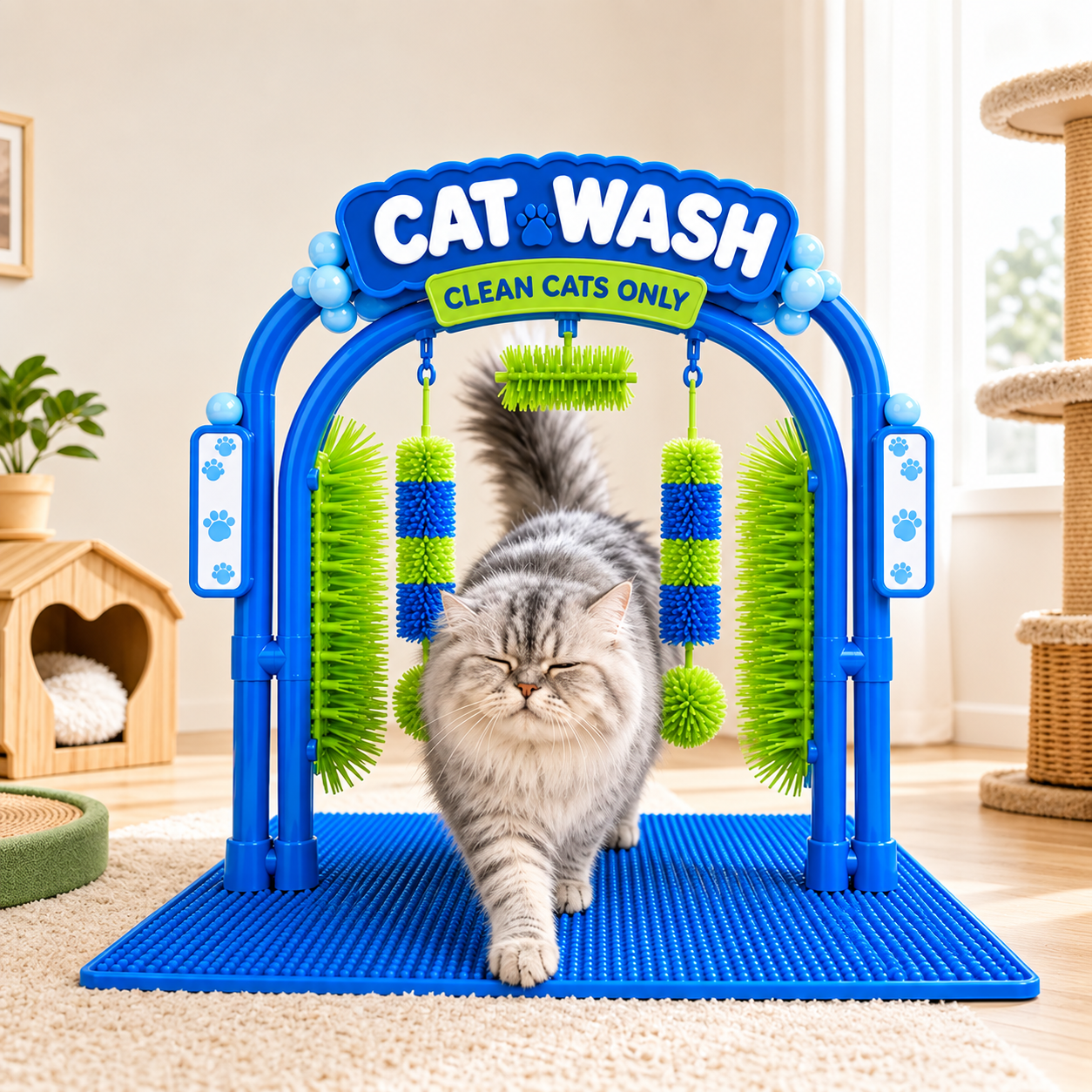Cat Wash Grooming Station with Self-Grooming Brushes & Non-Slip Mat, Interactive Cat Grooming Arch - 