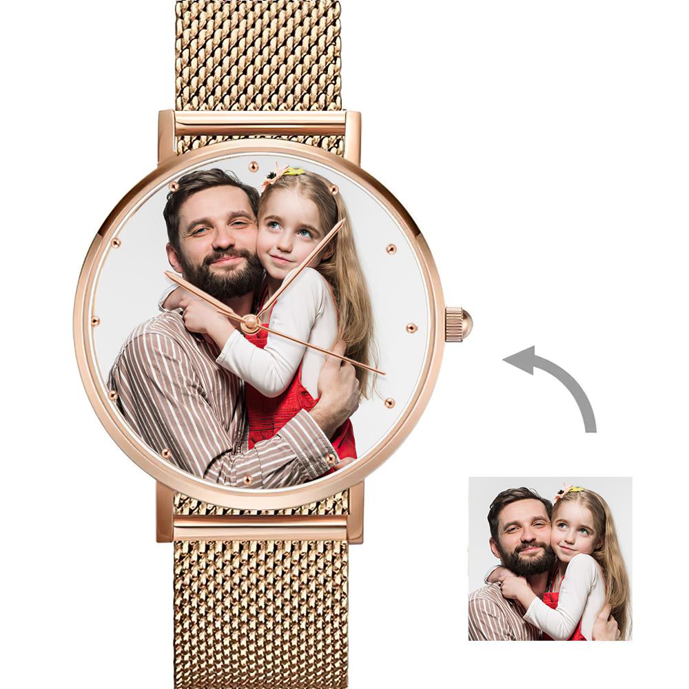 Gift for Men Anniversary Gifts Unisex Engraved Rose Gold Photo Watch - 