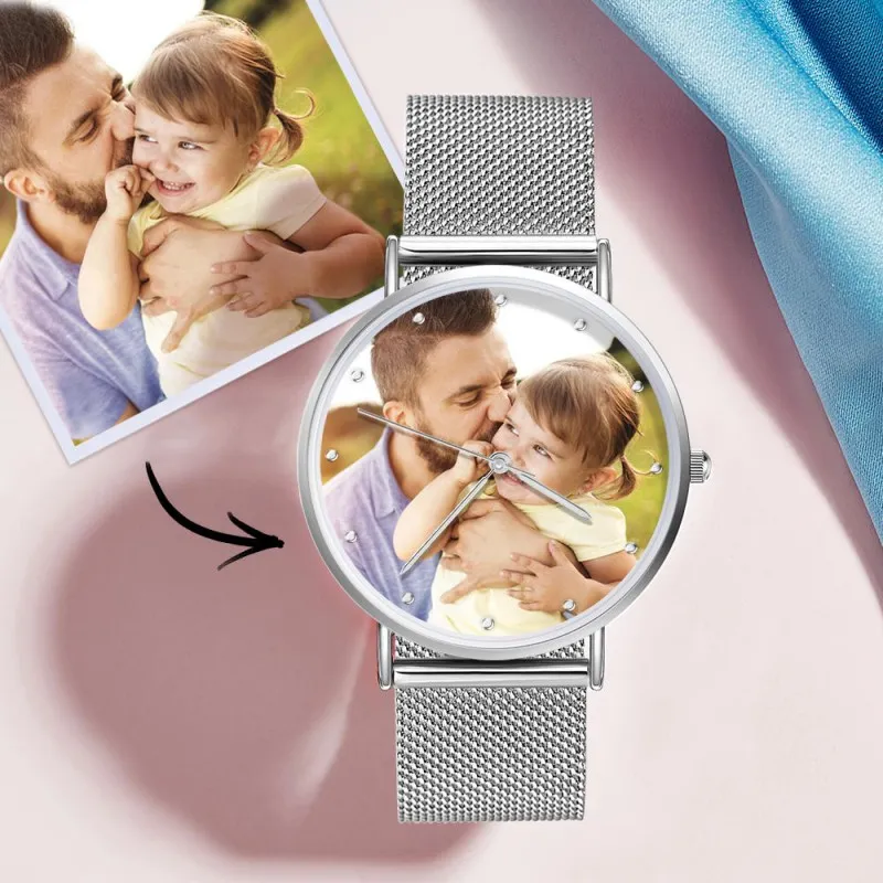 Gift for Men Unisex Engraved Sliver Photo Watch - 
