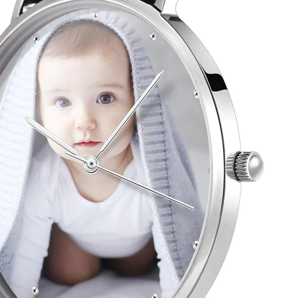 Personalized Engraved Watch, Photo Watch With Black Leather Strap - 