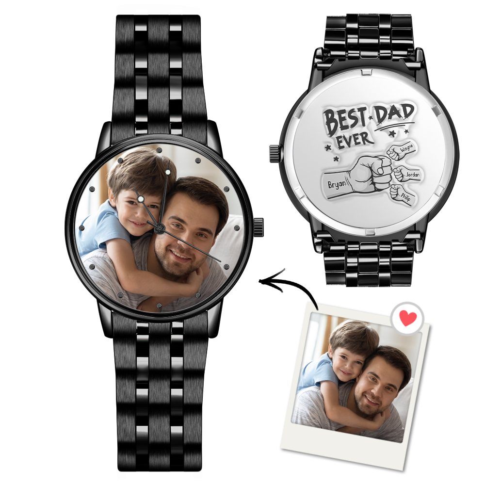 Custom Photo Watch Men's Black Alloy Bracelet Holding Hands Engraved Name Watch Father's Day Gift For Dad - 